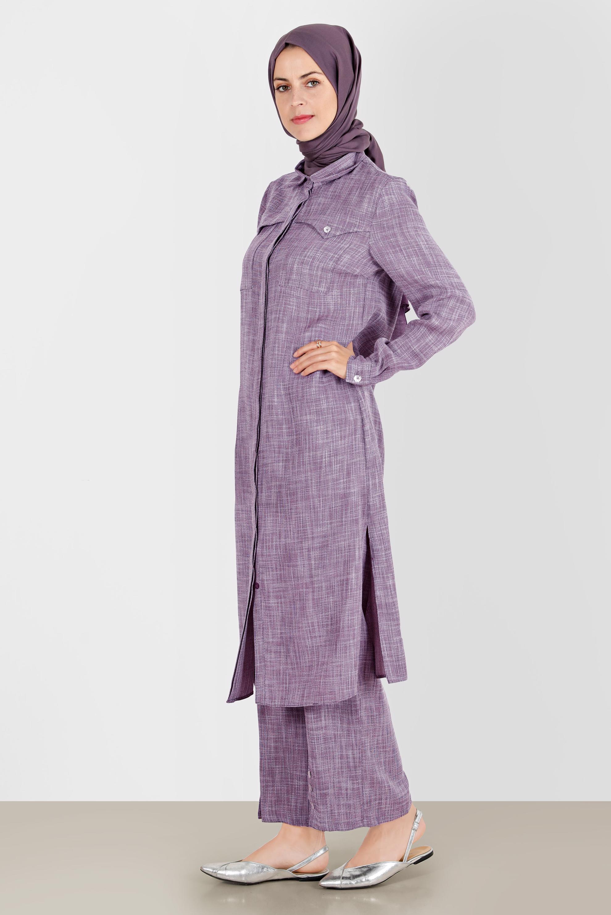 Tesettür giyim MOR KETEN GÖRÜNÜMLÜ İKİLİ PANT. TAKIM 42829 