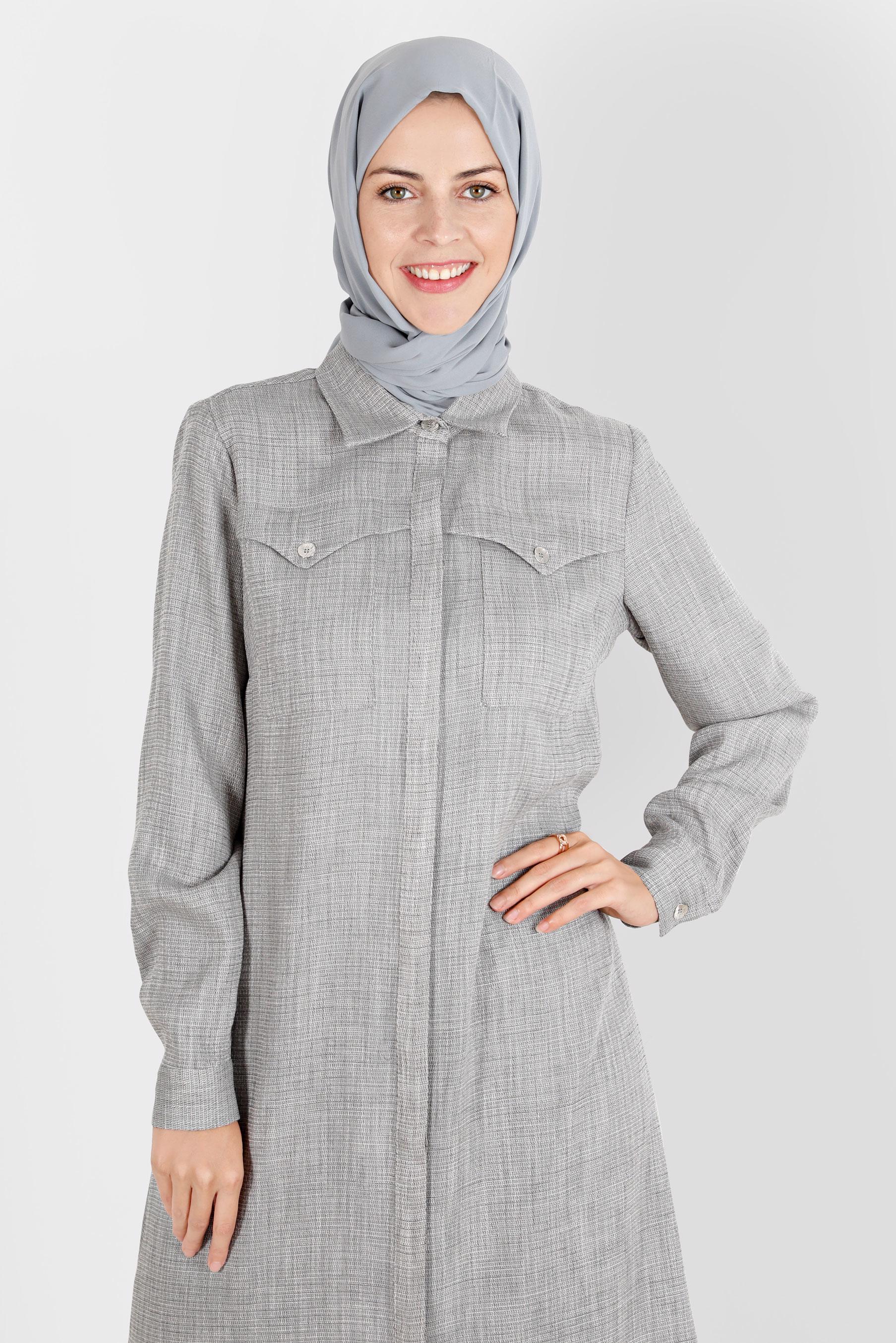 Tesettür giyim GRİ KETEN GÖRÜNÜMLÜ İKİLİ PANT. TAKIM 42829 