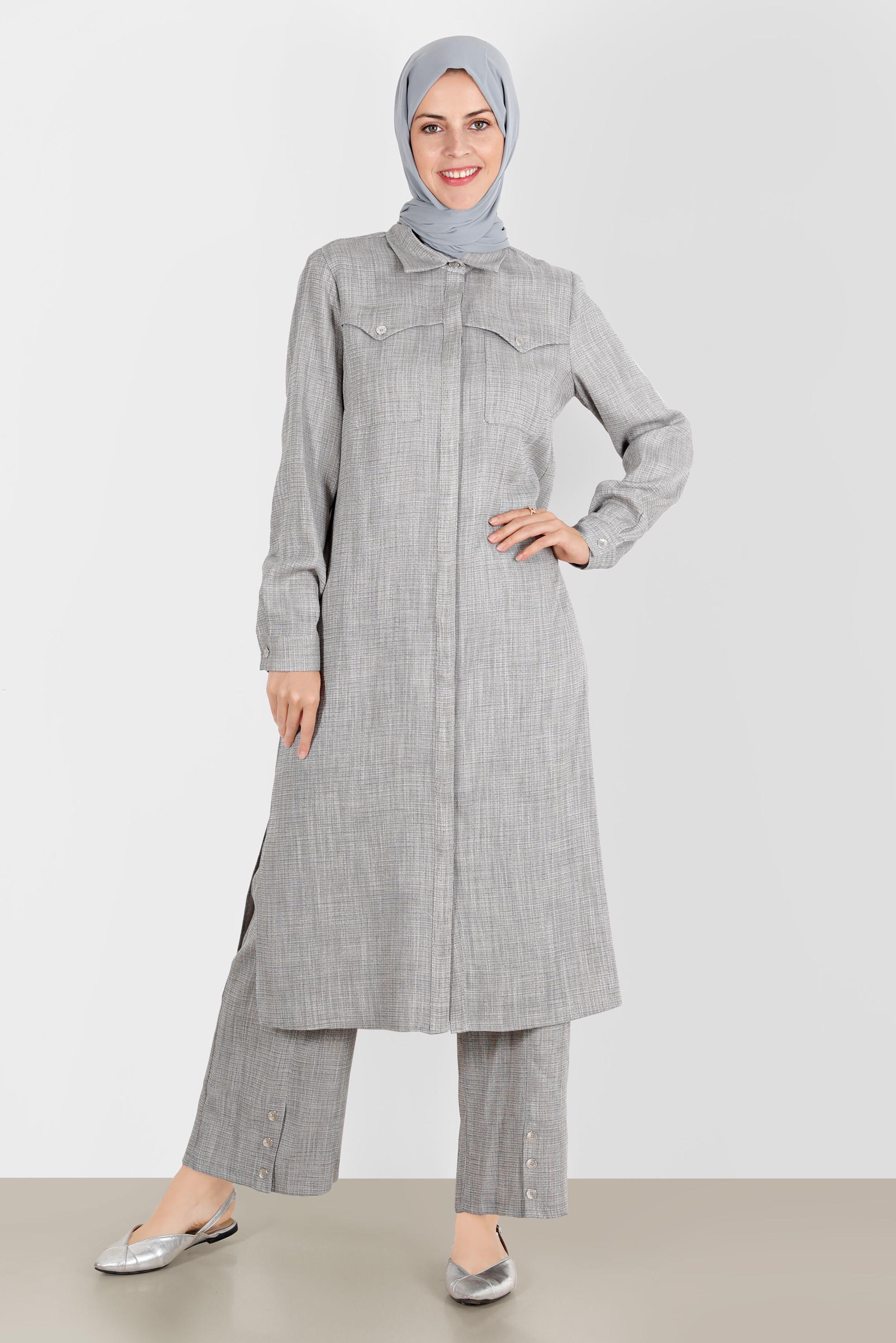 Tesettür giyim GRİ KETEN GÖRÜNÜMLÜ İKİLİ PANT. TAKIM 42829 