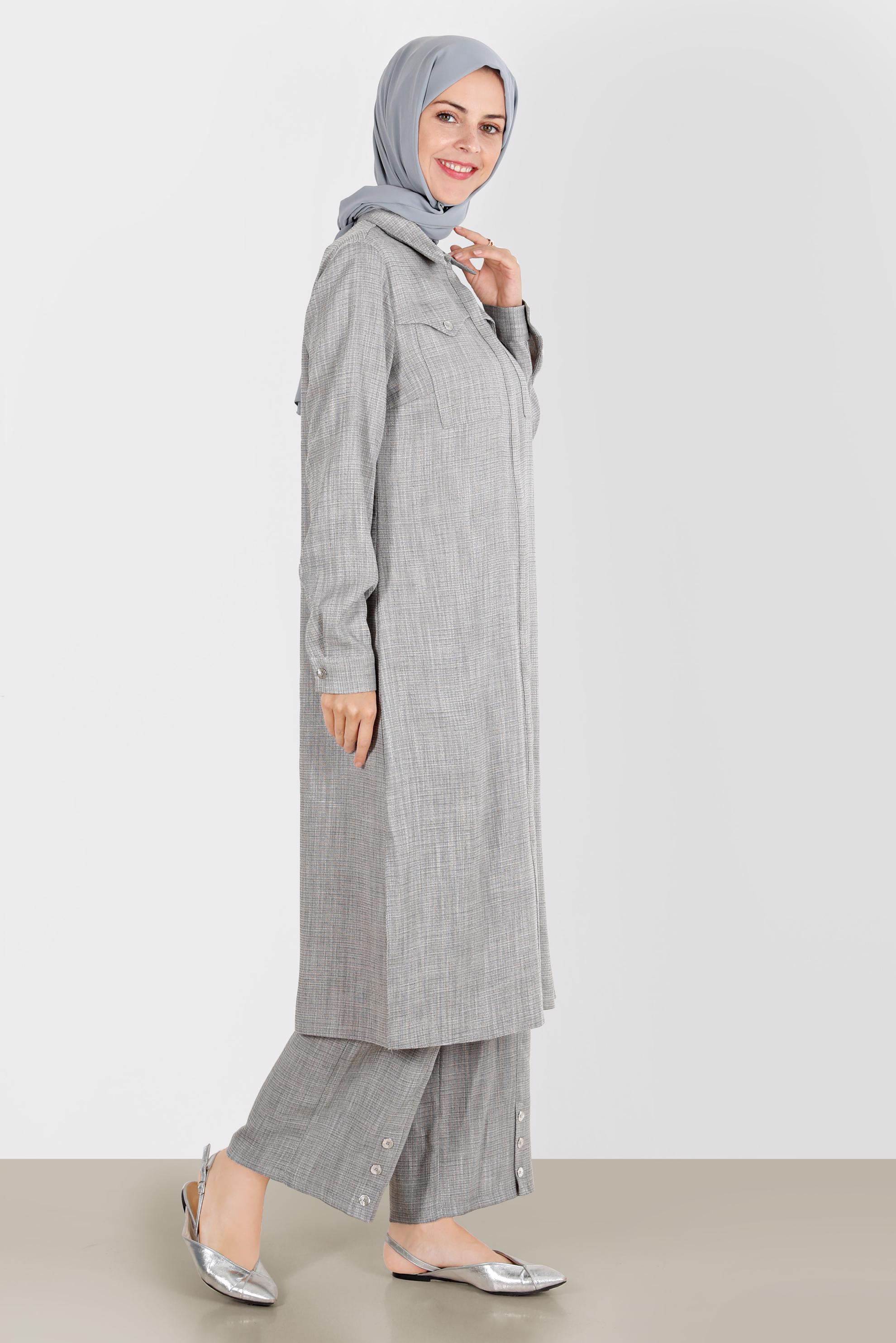 Tesettür giyim GRİ KETEN GÖRÜNÜMLÜ İKİLİ PANT. TAKIM 42829 