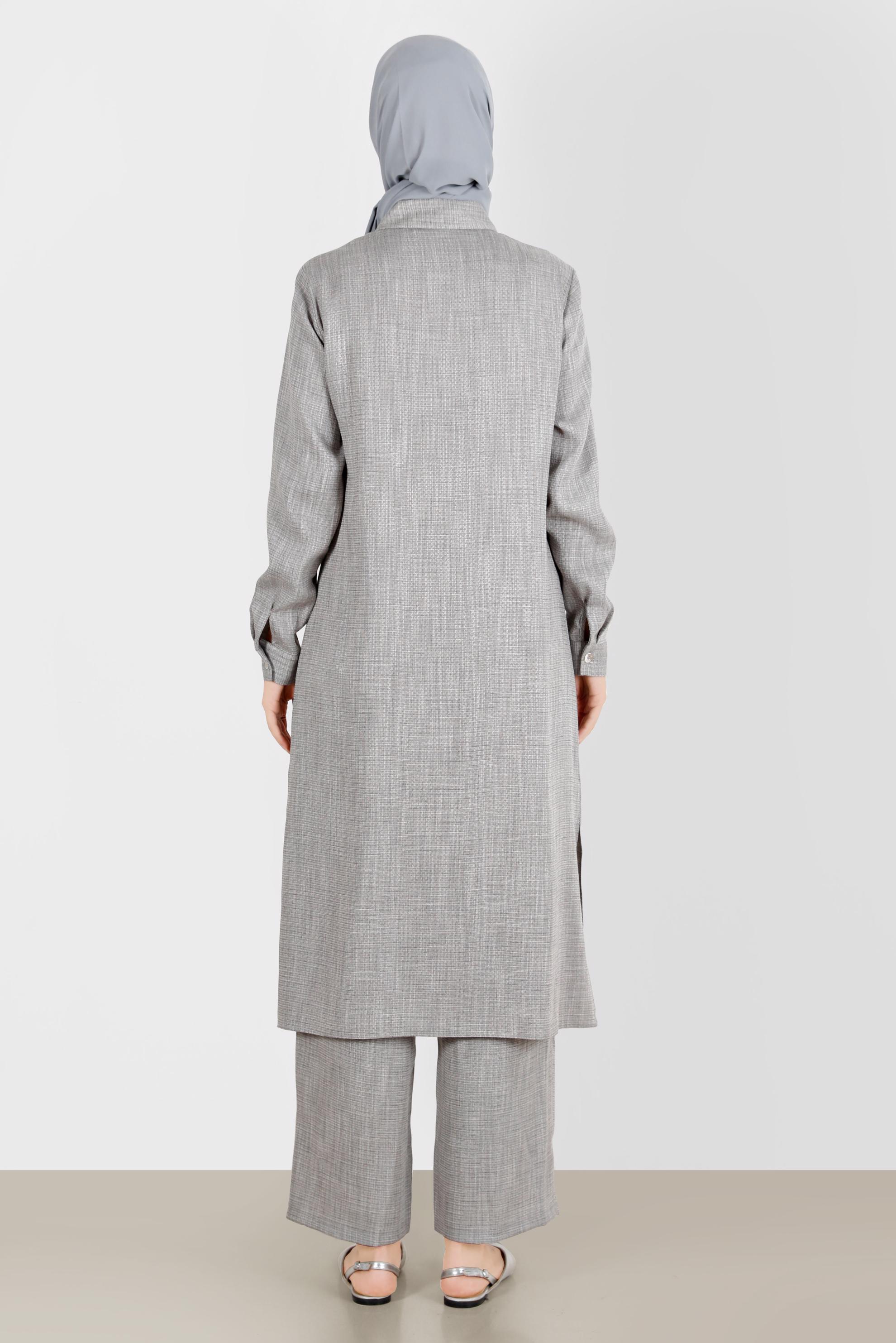 Tesettür giyim GRİ KETEN GÖRÜNÜMLÜ İKİLİ PANT. TAKIM 42829 