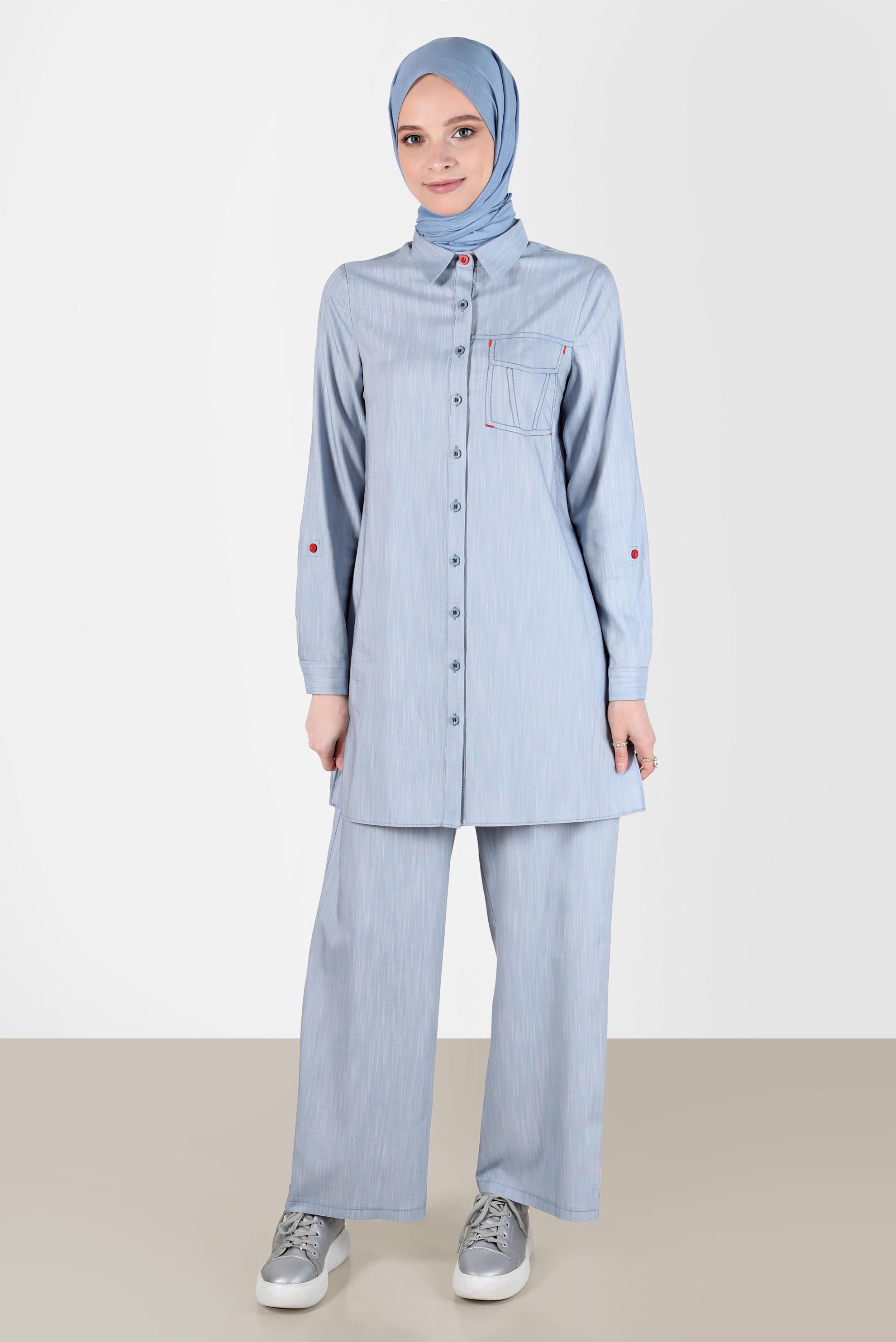 Tesettür giyim MAVİ DİKİŞ DETAYLI DÜĞMELİ İKİLİ PANT. TAKIM 42867 