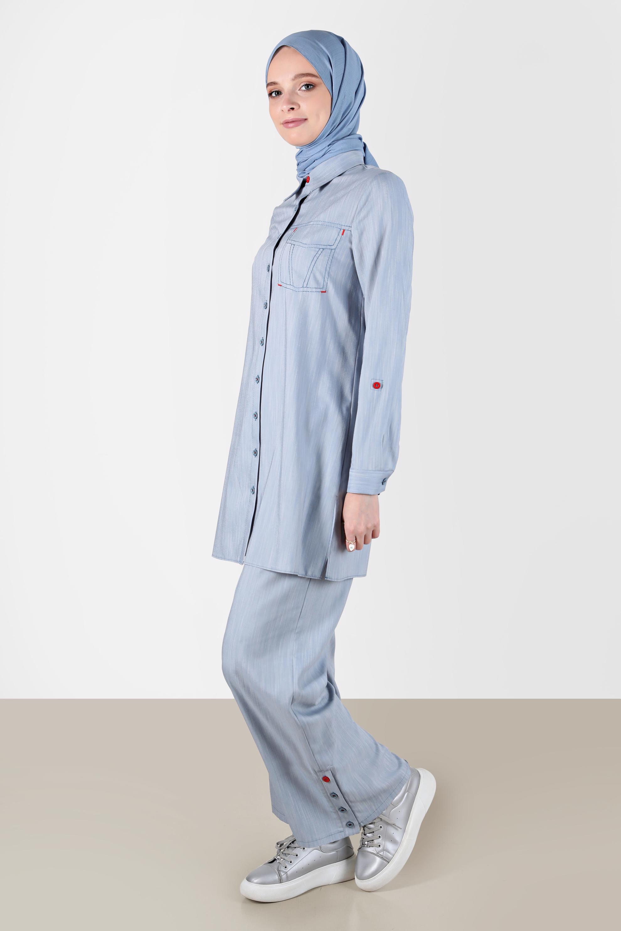 Tesettür giyim MAVİ DİKİŞ DETAYLI DÜĞMELİ İKİLİ PANT. TAKIM 42867 