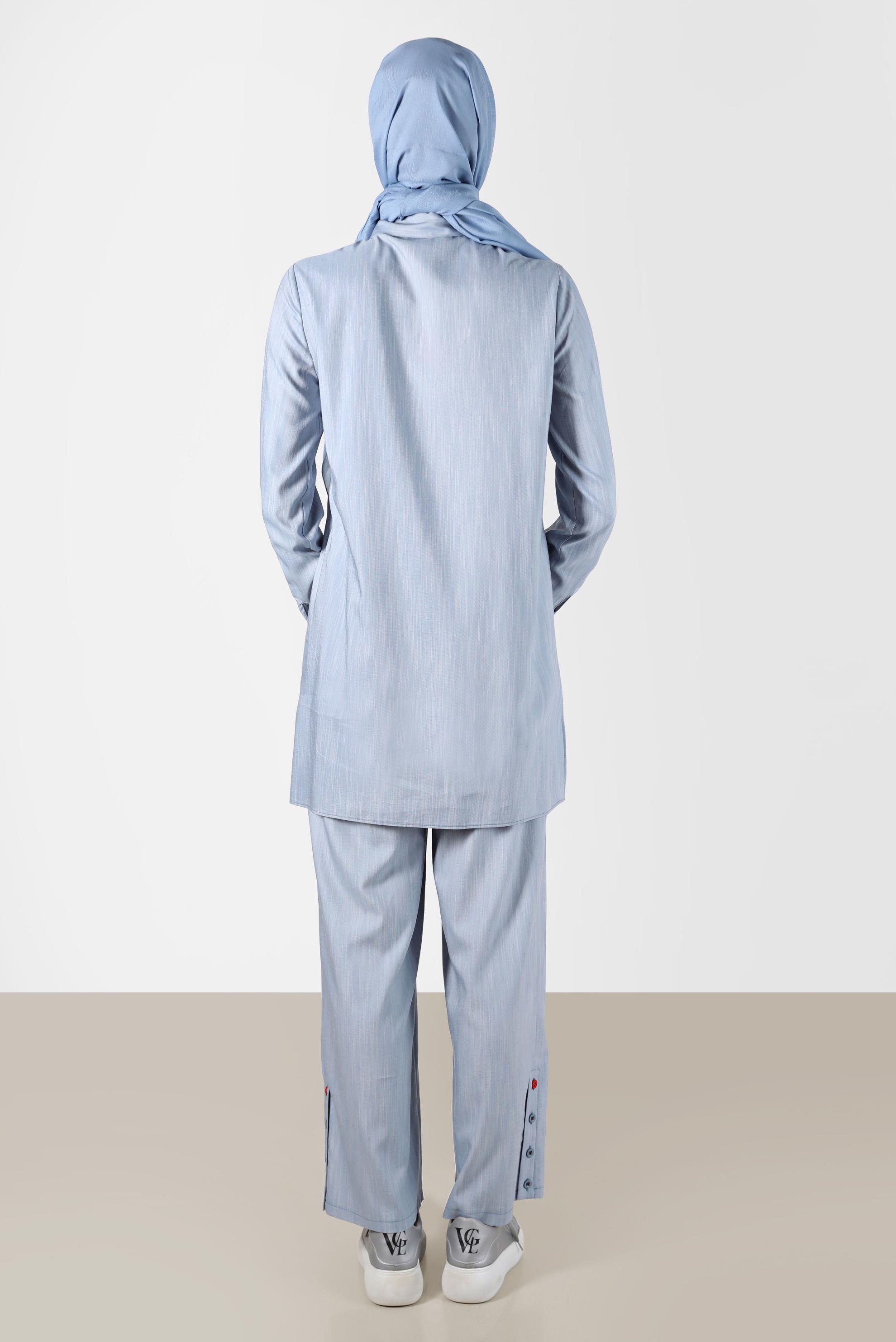 Tesettür giyim MAVİ DİKİŞ DETAYLI DÜĞMELİ İKİLİ PANT. TAKIM 42867 