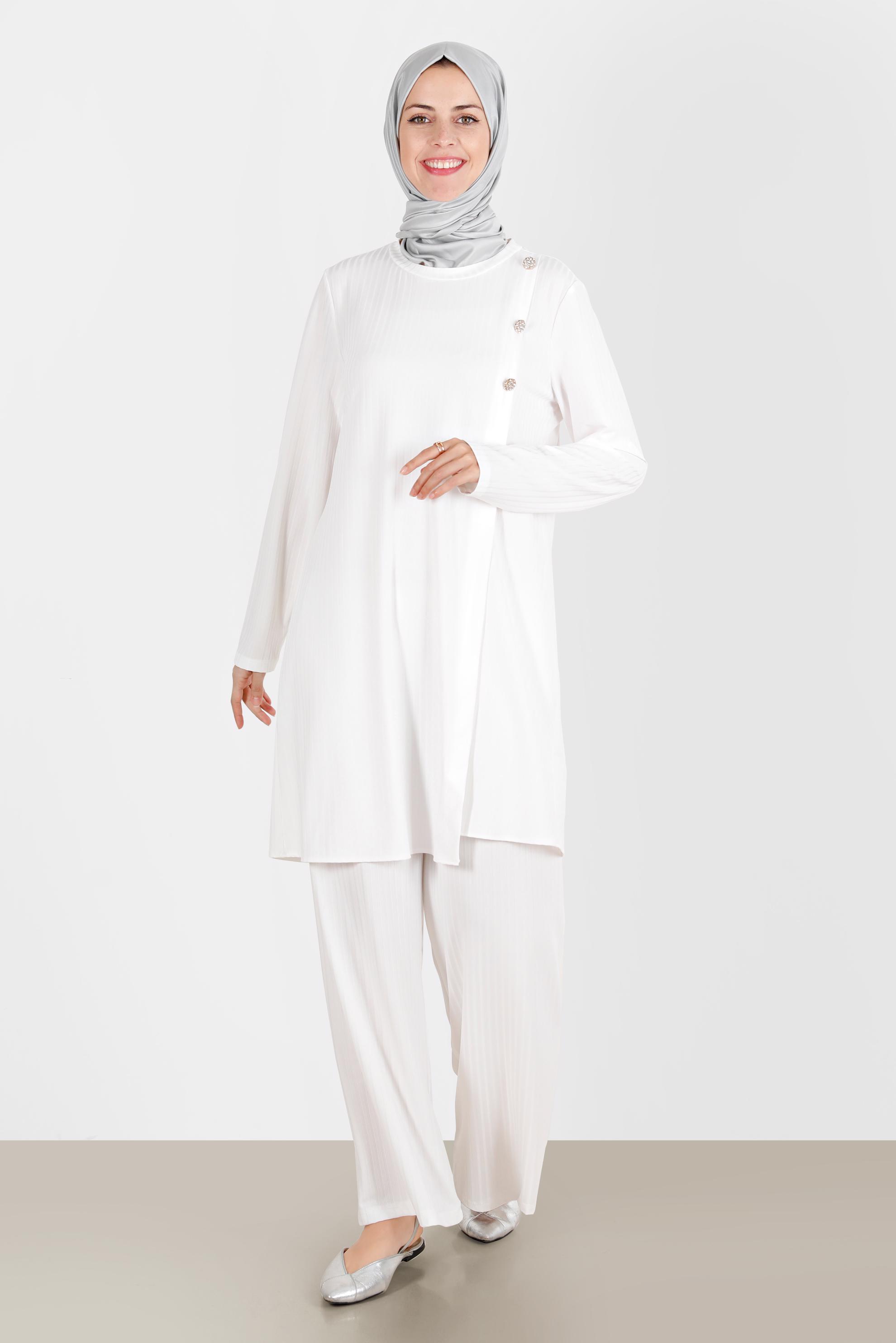 Tesettür giyim BEYAZ TAŞ DETAYLI FİTİLLİ İKİLİ PANT. TAKIM 42882 