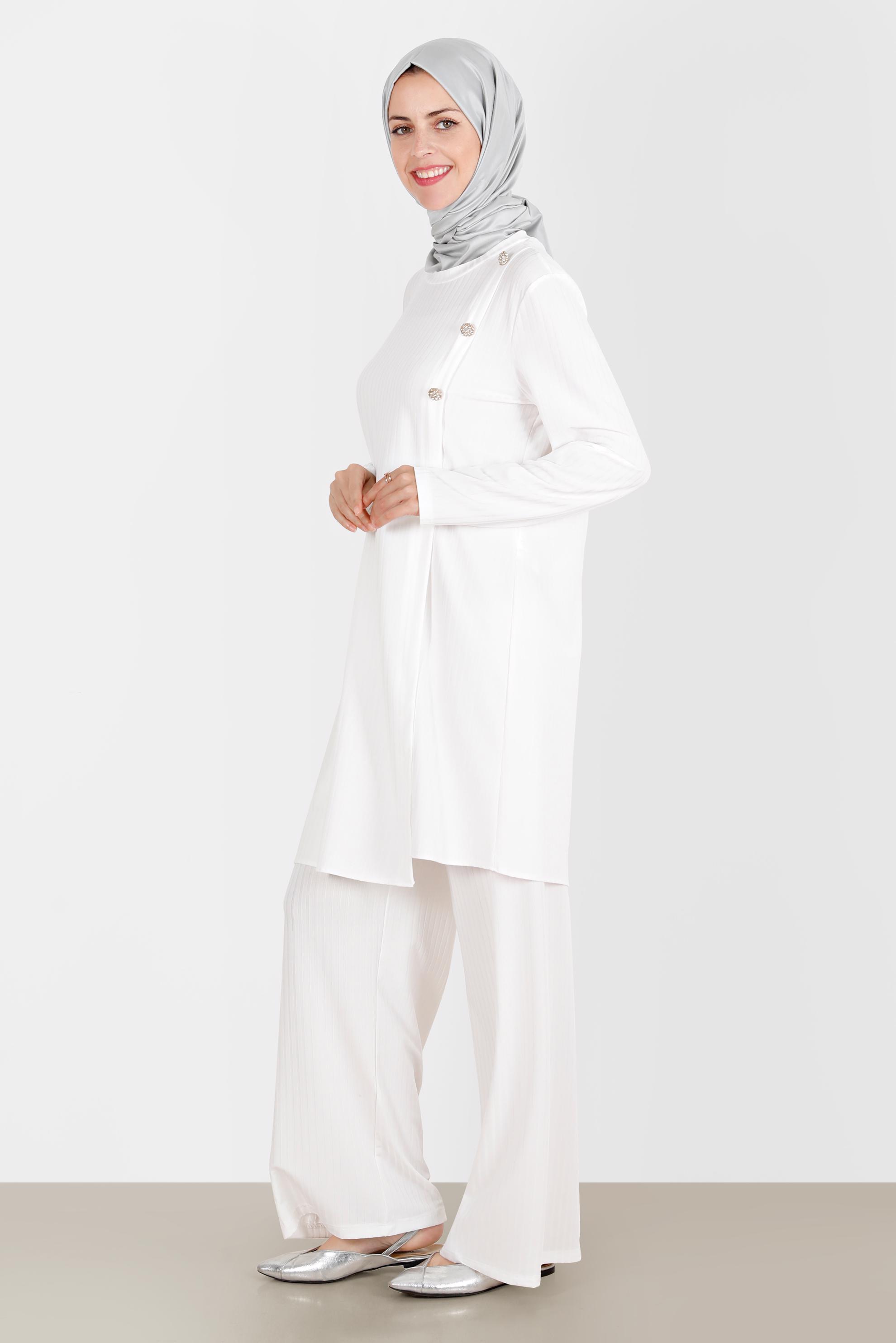 Tesettür giyim BEYAZ TAŞ DETAYLI FİTİLLİ İKİLİ PANT. TAKIM 42882 