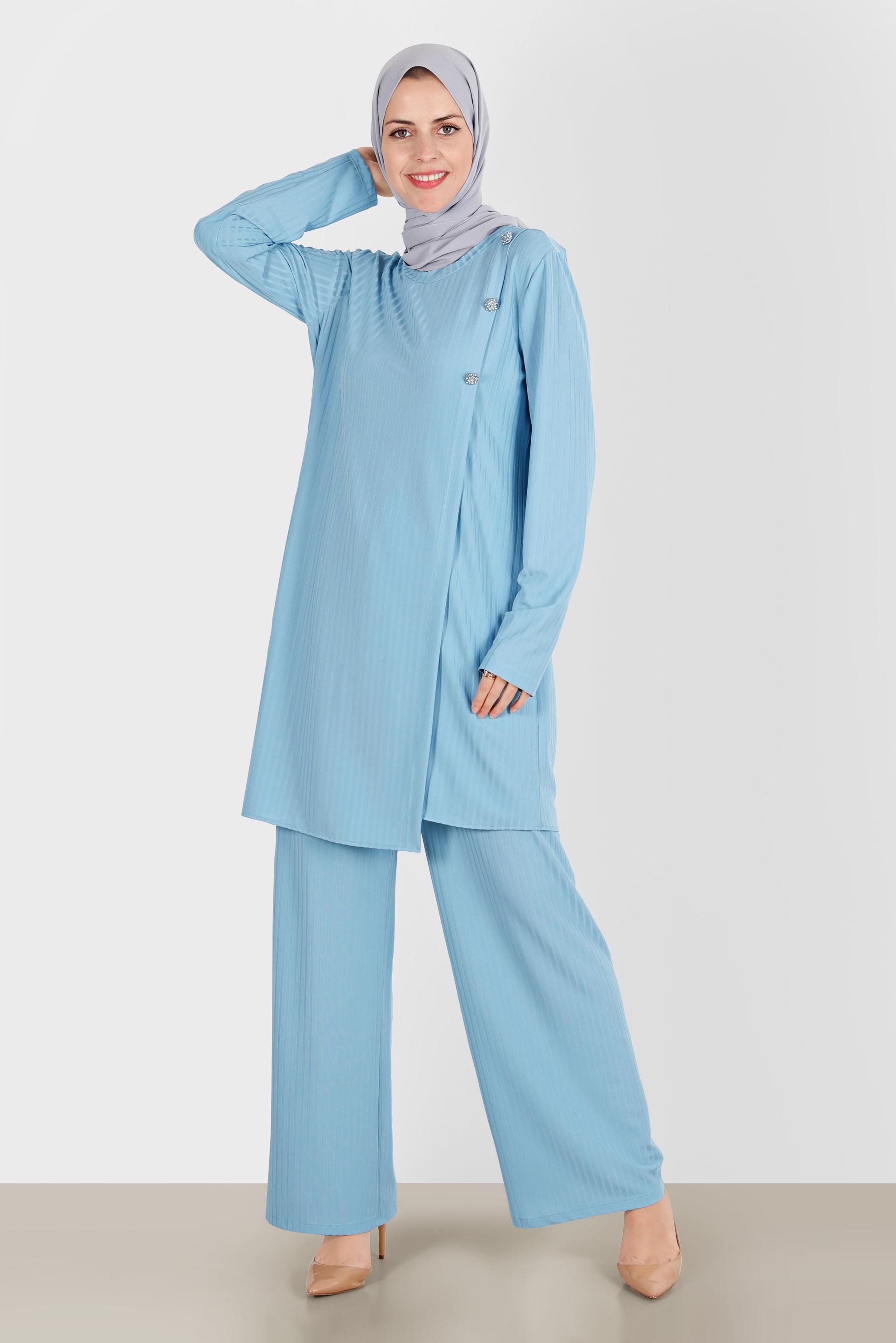 Tesettür giyim MAVİ TAŞ DETAYLI FİTİLLİ İKİLİ PANT. TAKIM 42882 