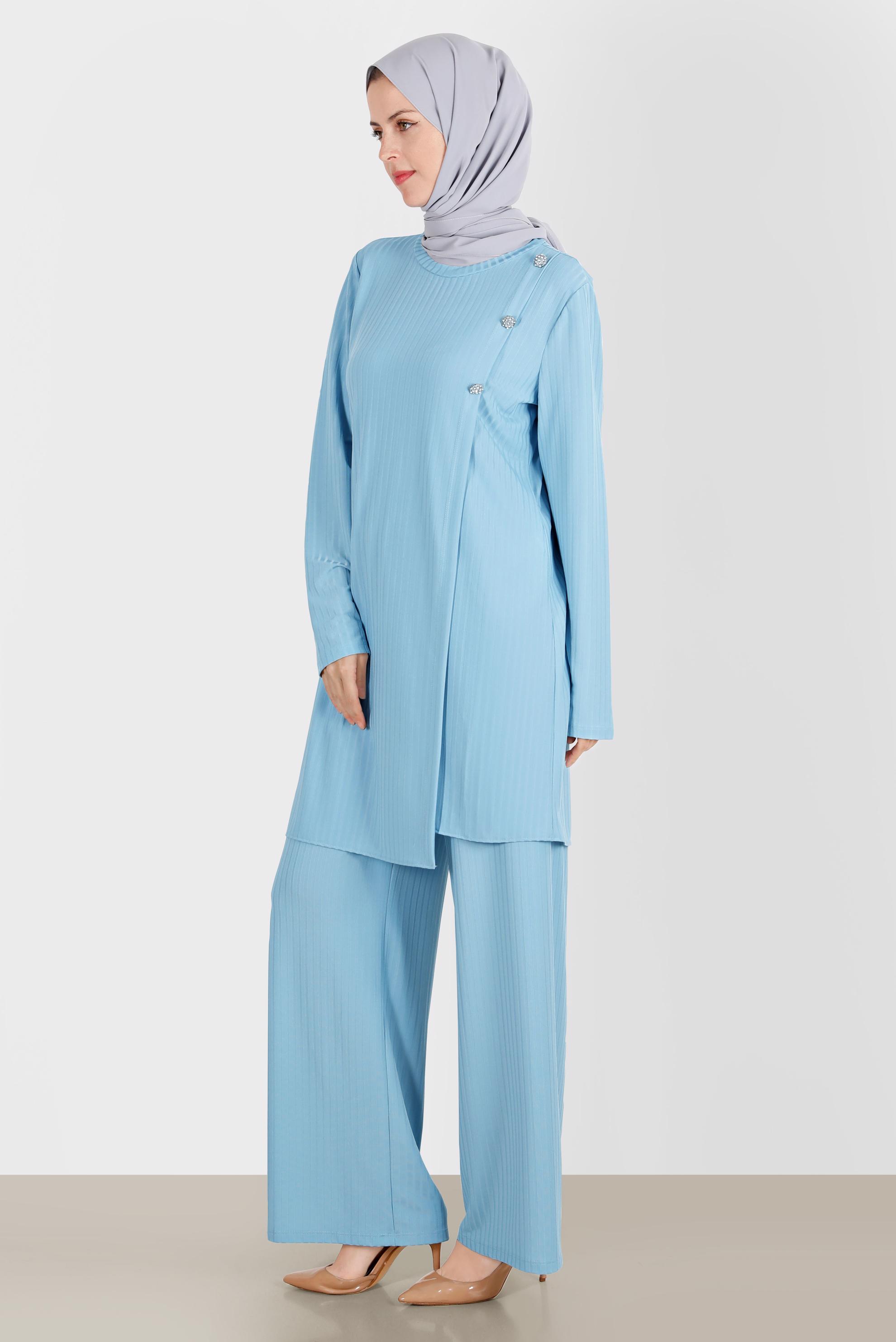 Tesettür giyim MAVİ TAŞ DETAYLI FİTİLLİ İKİLİ PANT. TAKIM 42882 