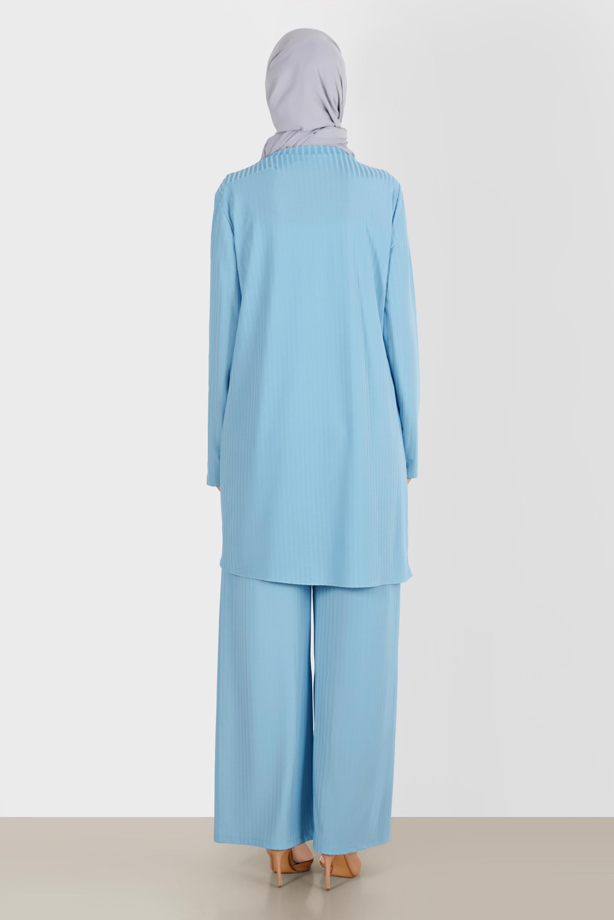 Tesettür giyim MAVİ TAŞ DETAYLI FİTİLLİ İKİLİ PANT. TAKIM 42882 