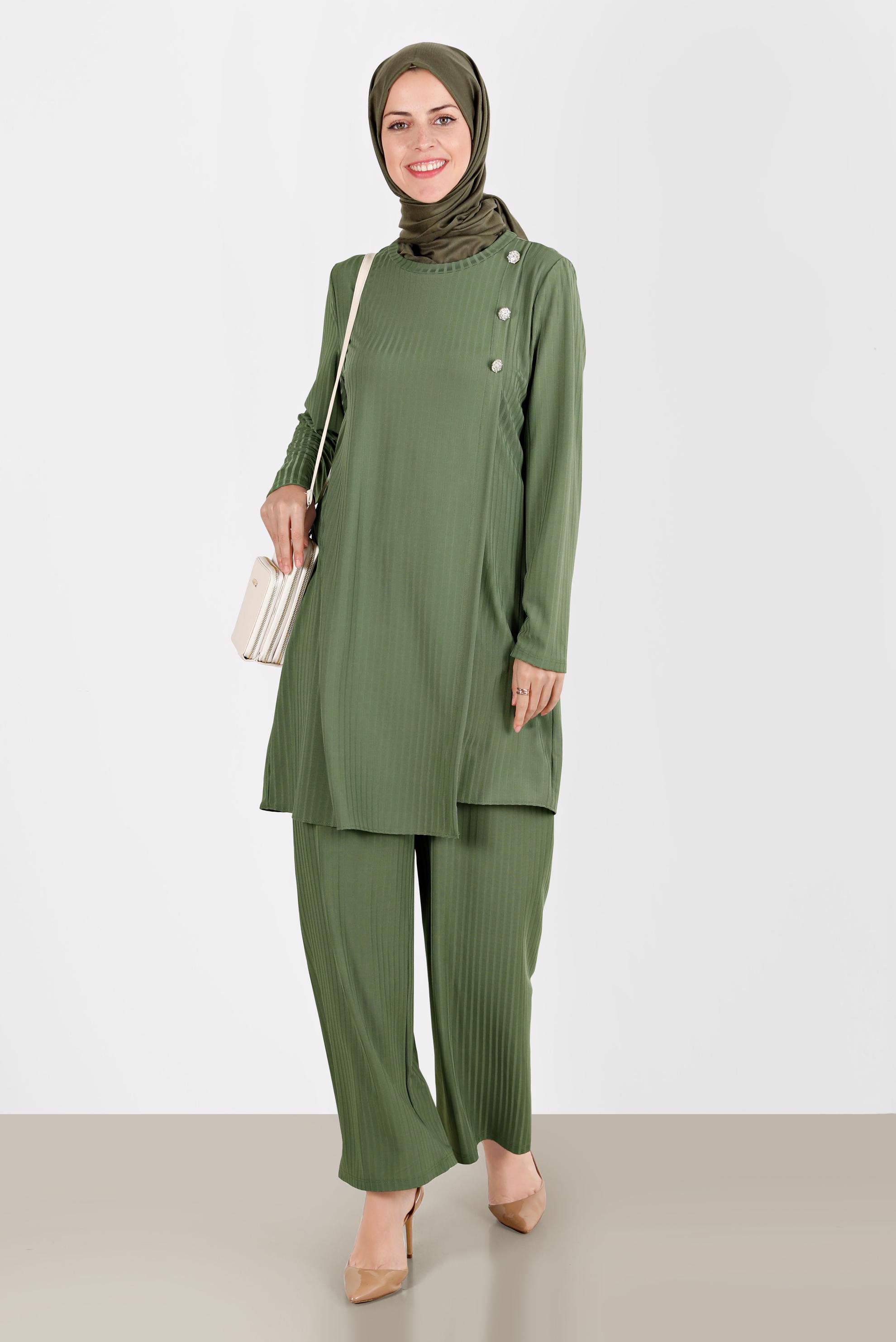 Tesettür giyim YEŞİL TAŞ DETAYLI FİTİLLİ İKİLİ PANT. TAKIM 42882 