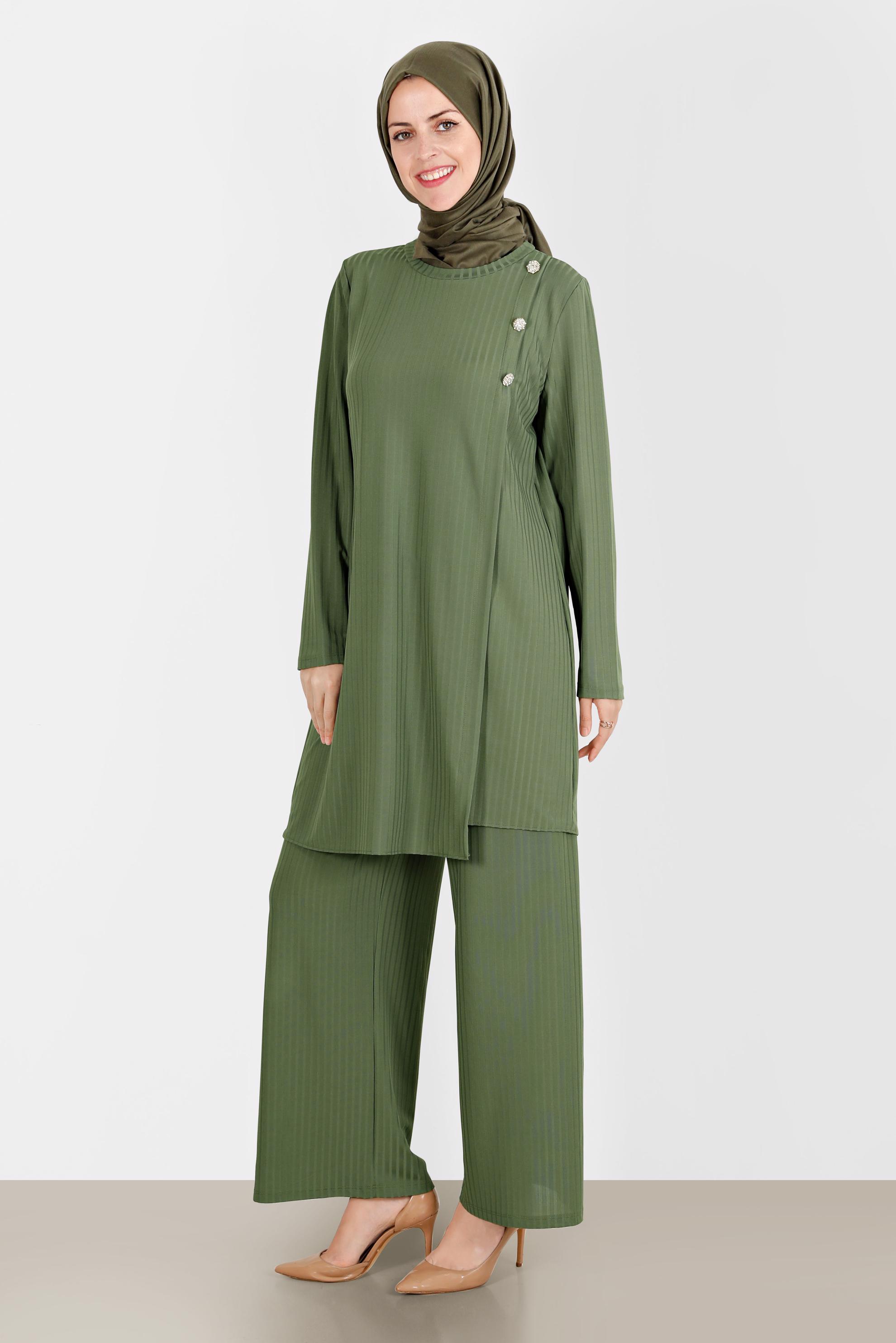 Tesettür giyim YEŞİL TAŞ DETAYLI FİTİLLİ İKİLİ PANT. TAKIM 42882 