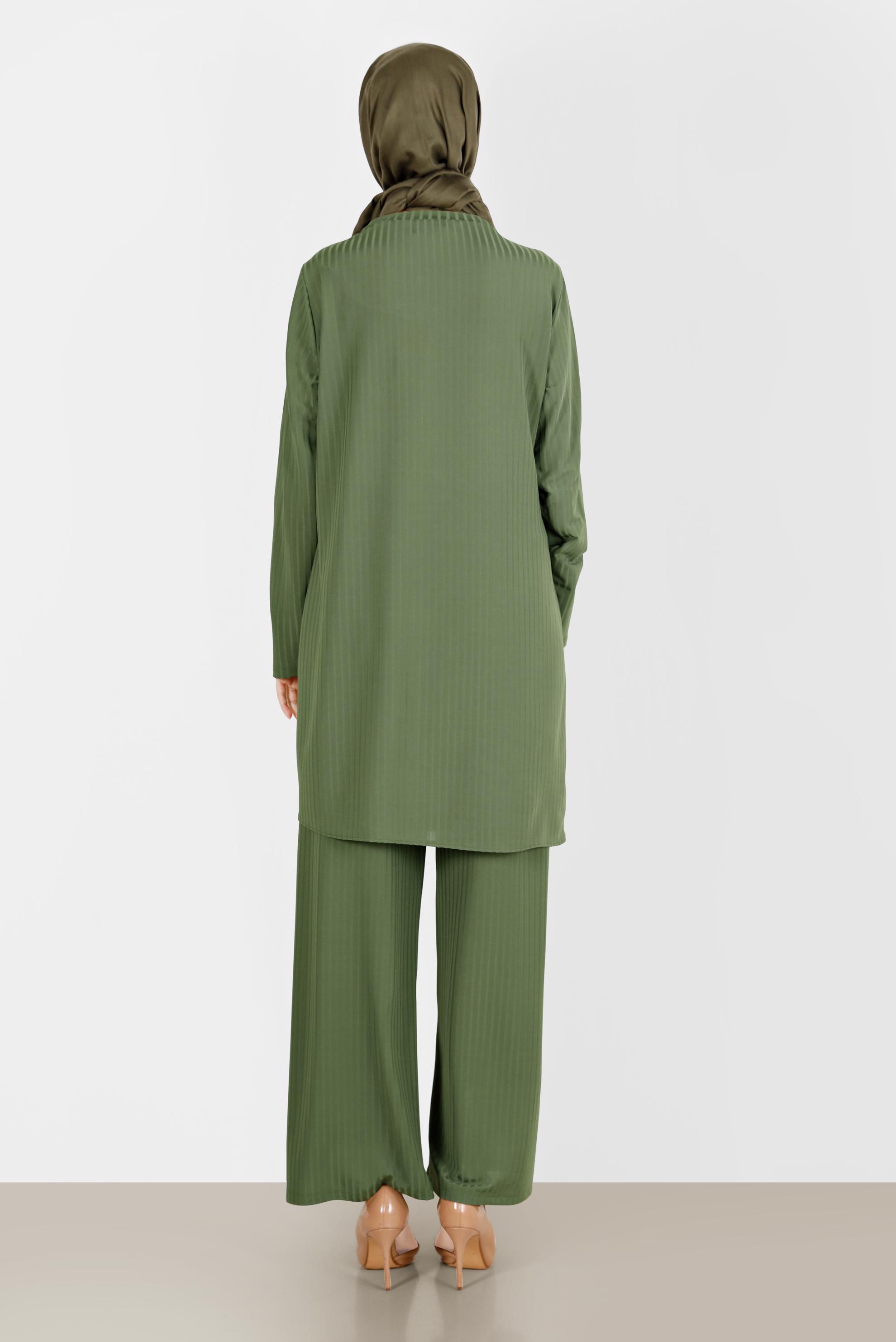 Tesettür giyim YEŞİL TAŞ DETAYLI FİTİLLİ İKİLİ PANT. TAKIM 42882 