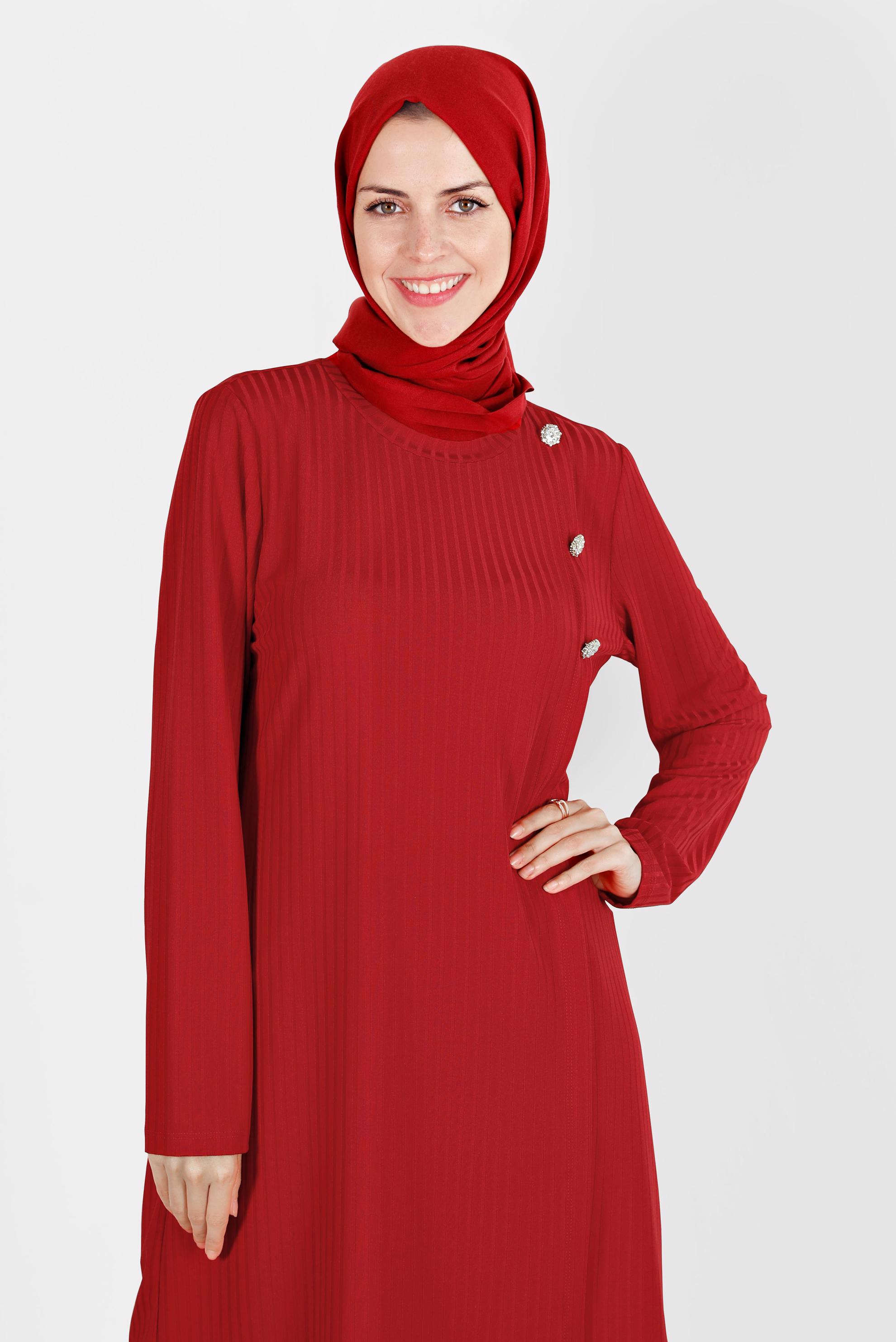 Tesettür giyim KIRMIZI TAŞ DETAYLI FİTİLLİ İKİLİ PANT. TAKIM 42882 