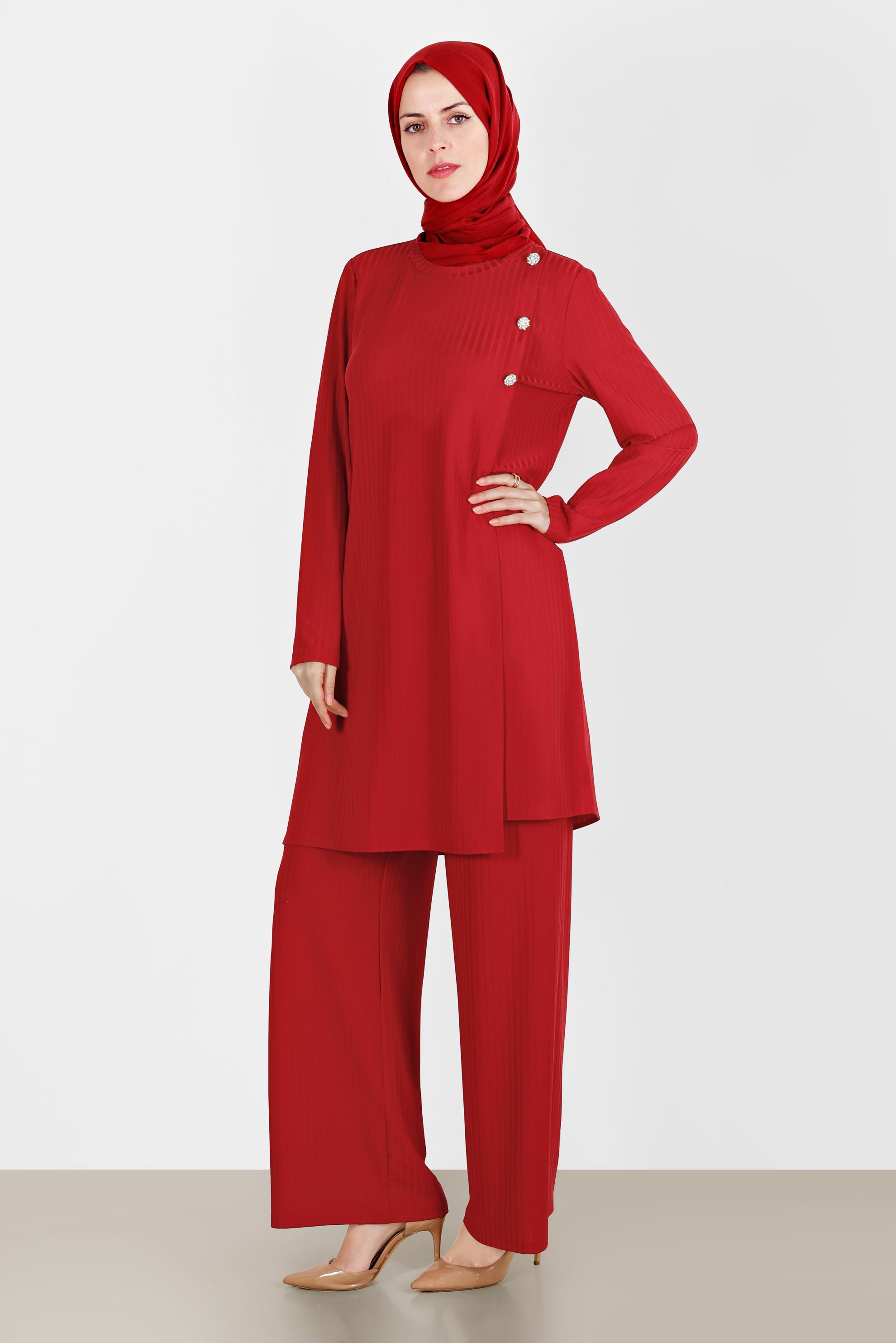 Tesettür giyim KIRMIZI TAŞ DETAYLI FİTİLLİ İKİLİ PANT. TAKIM 42882 