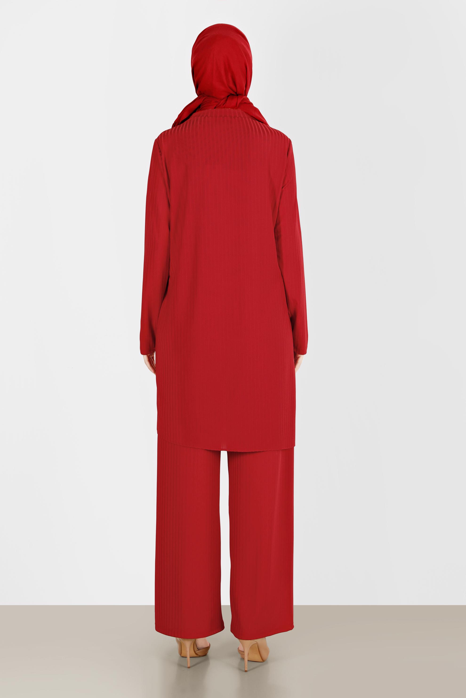 Tesettür giyim KIRMIZI TAŞ DETAYLI FİTİLLİ İKİLİ PANT. TAKIM 42882 