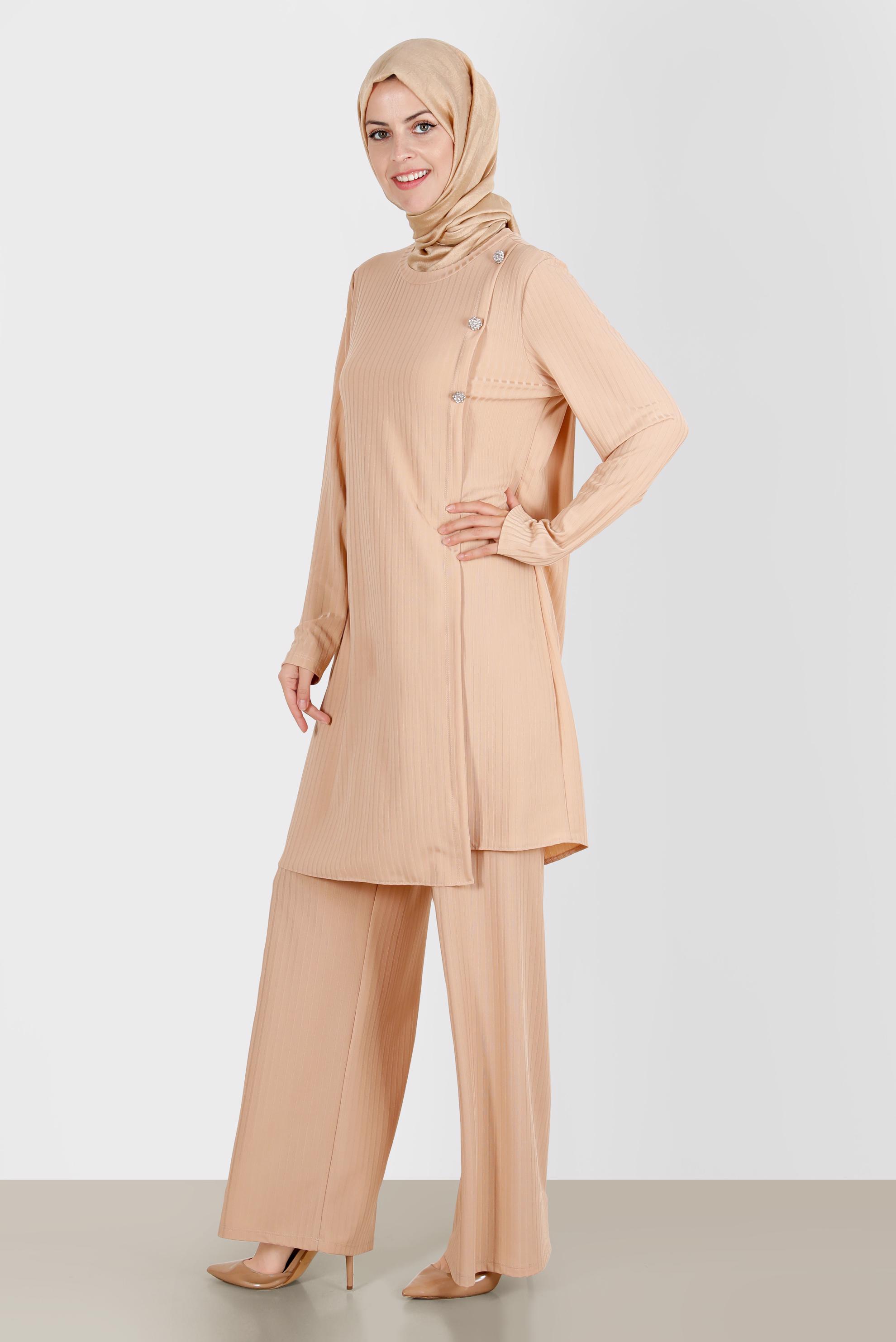 Tesettür giyim BEJ TAŞ DETAYLI FİTİLLİ İKİLİ PANT. TAKIM 42882 