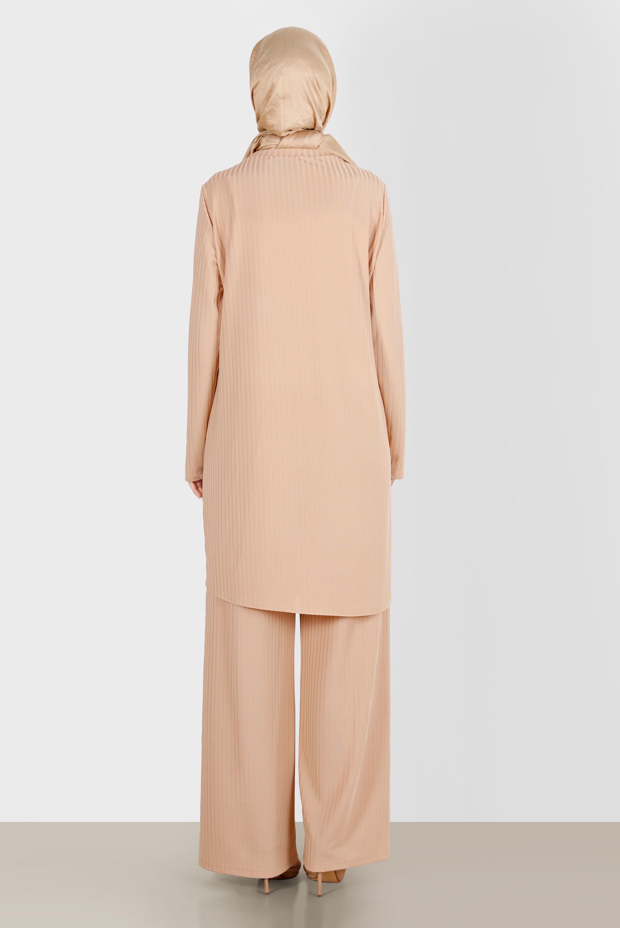 Tesettür giyim BEJ TAŞ DETAYLI FİTİLLİ İKİLİ PANT. TAKIM 42882 