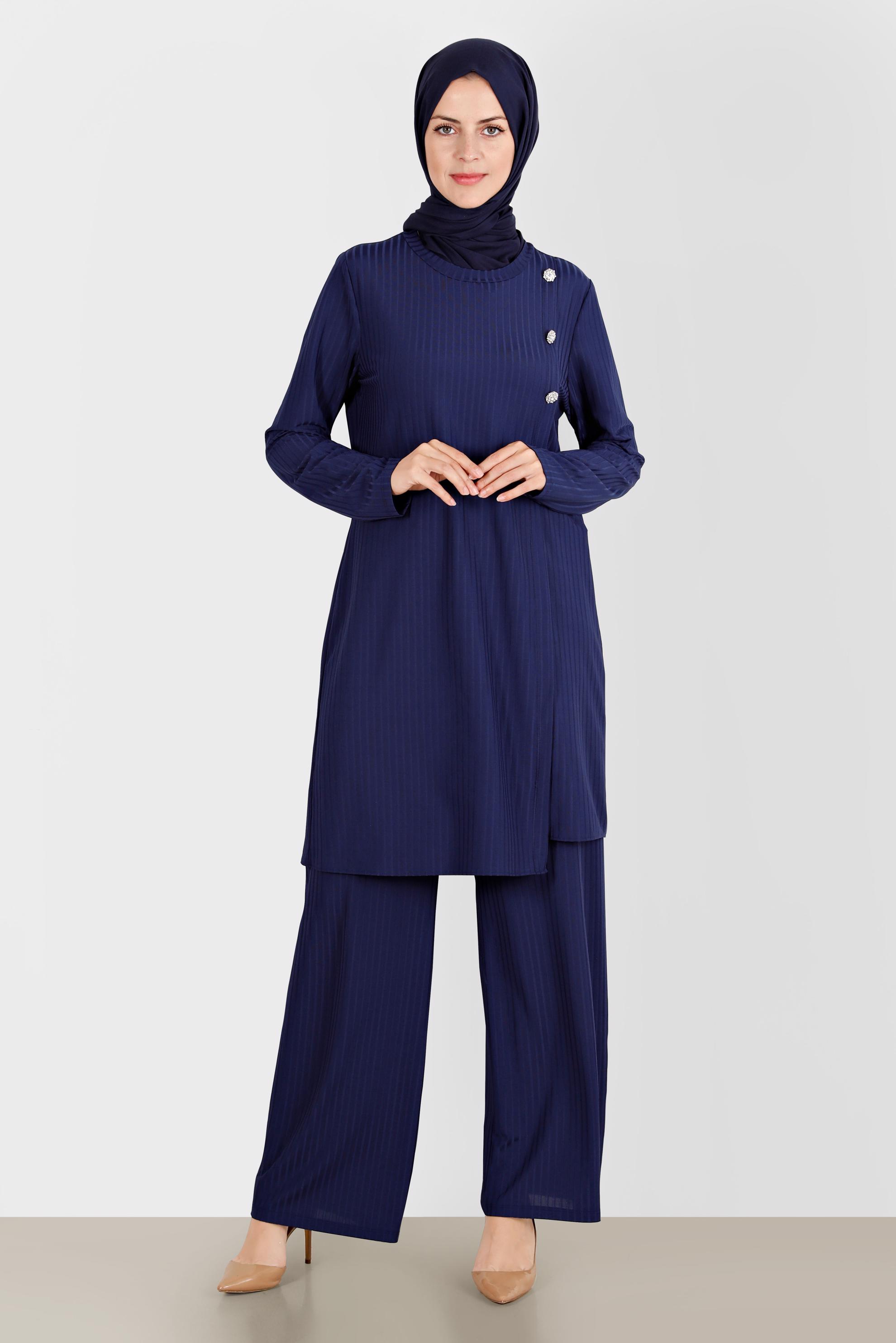 Tesettür giyim LACİVERT TAŞ DETAYLI FİTİLLİ İKİLİ PANT. TAKIM 42882 