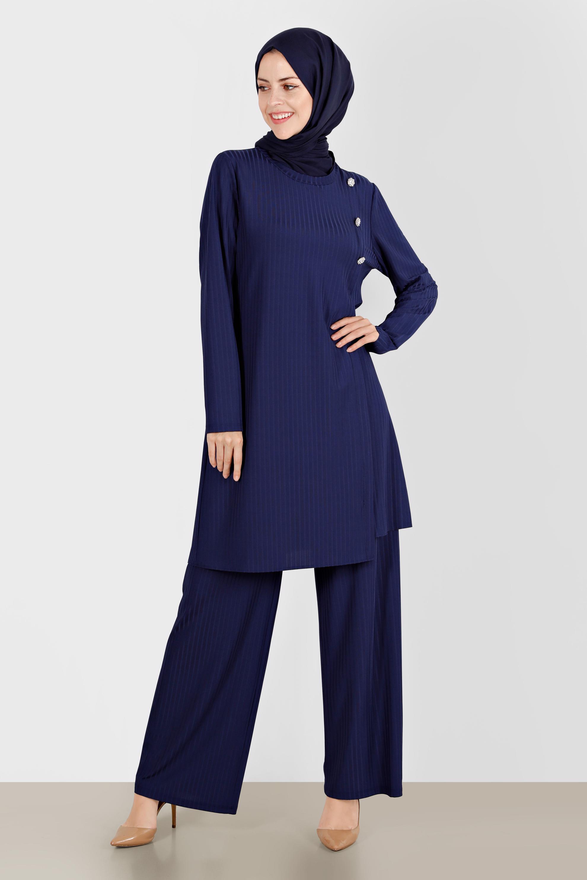 Tesettür giyim LACİVERT TAŞ DETAYLI FİTİLLİ İKİLİ PANT. TAKIM 42882 