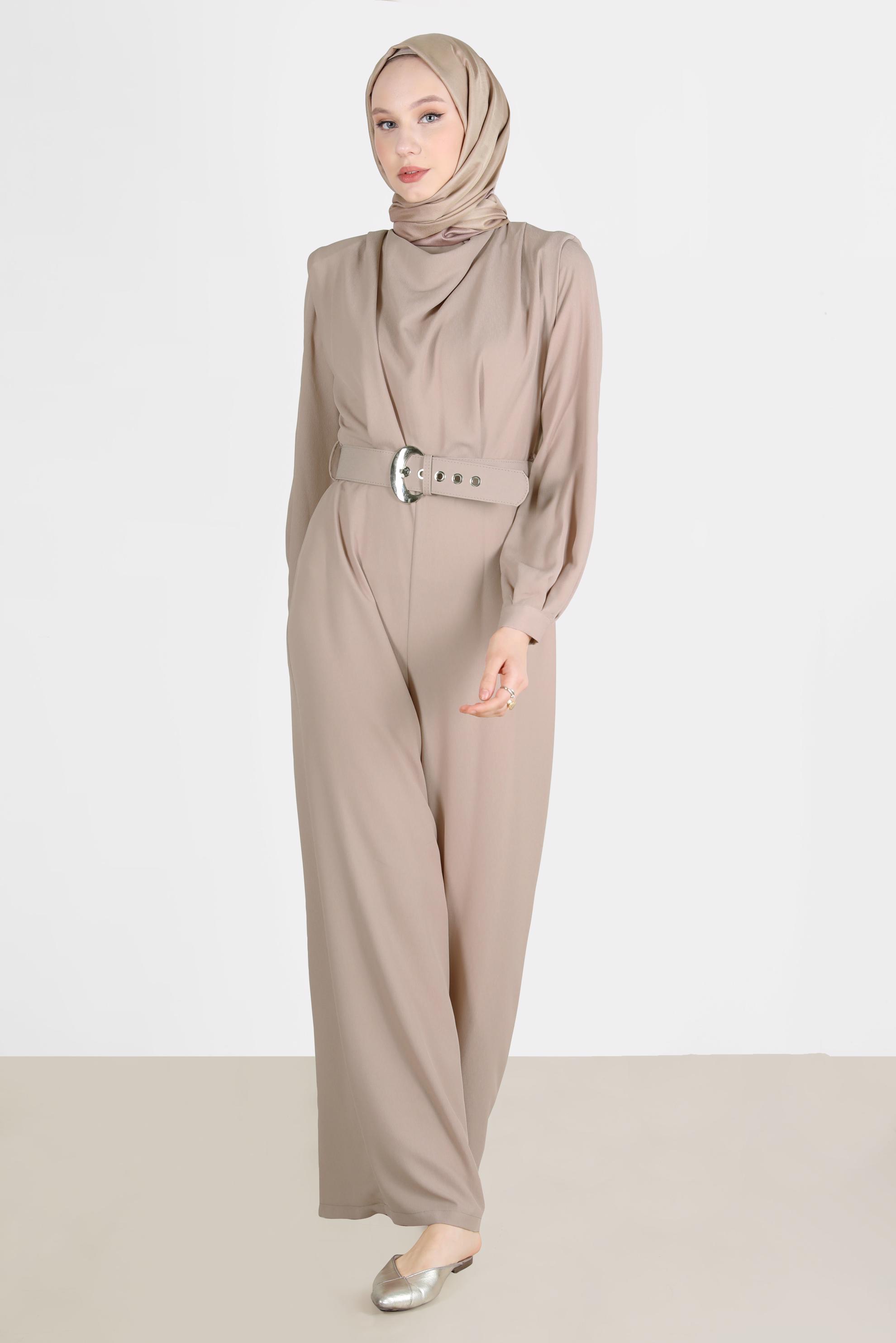 Hijab clothing BEIGE COWL NECK BELTED OVERALLS 42552
