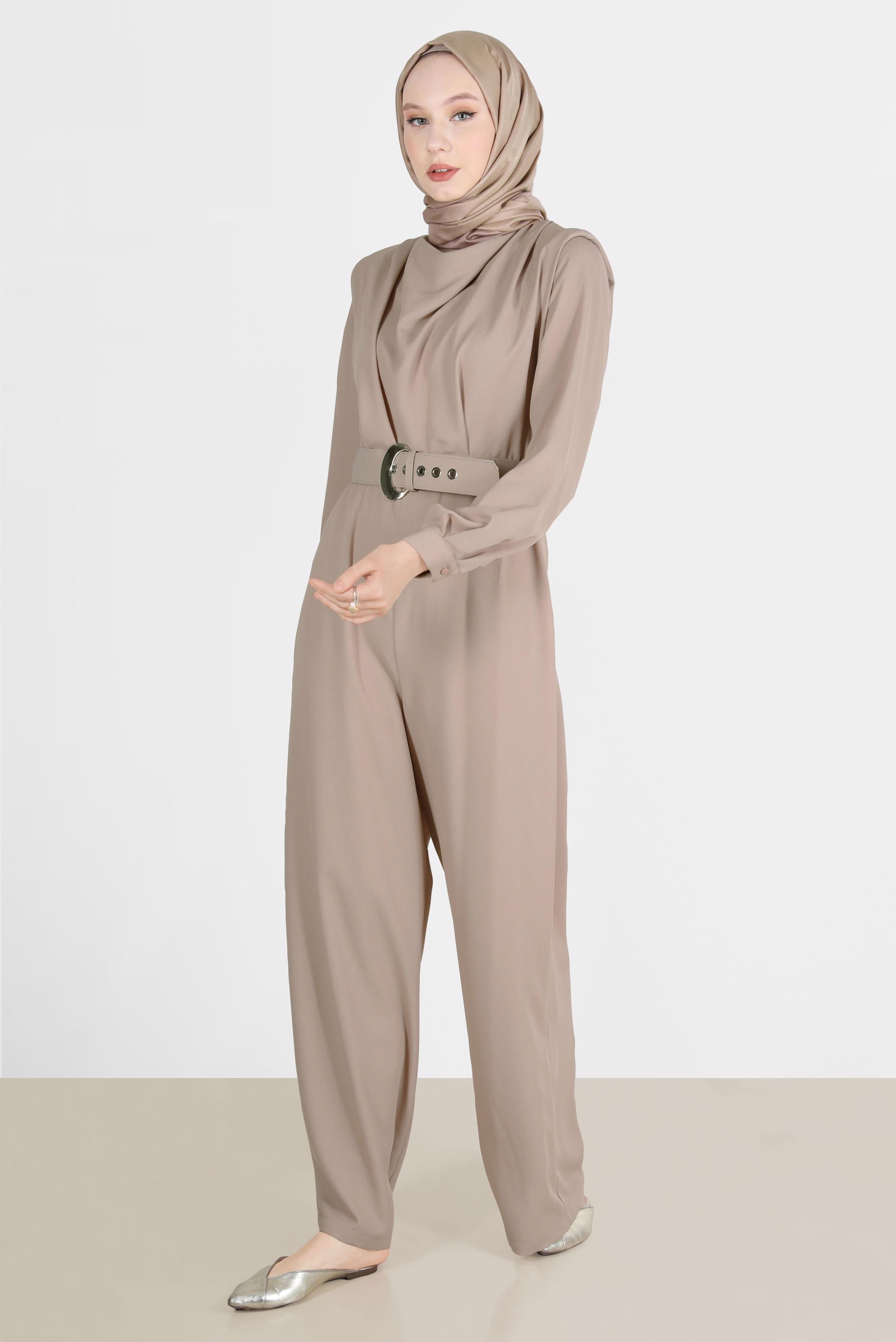 Hijab clothing BEIGE COWL NECK BELTED OVERALLS 42552