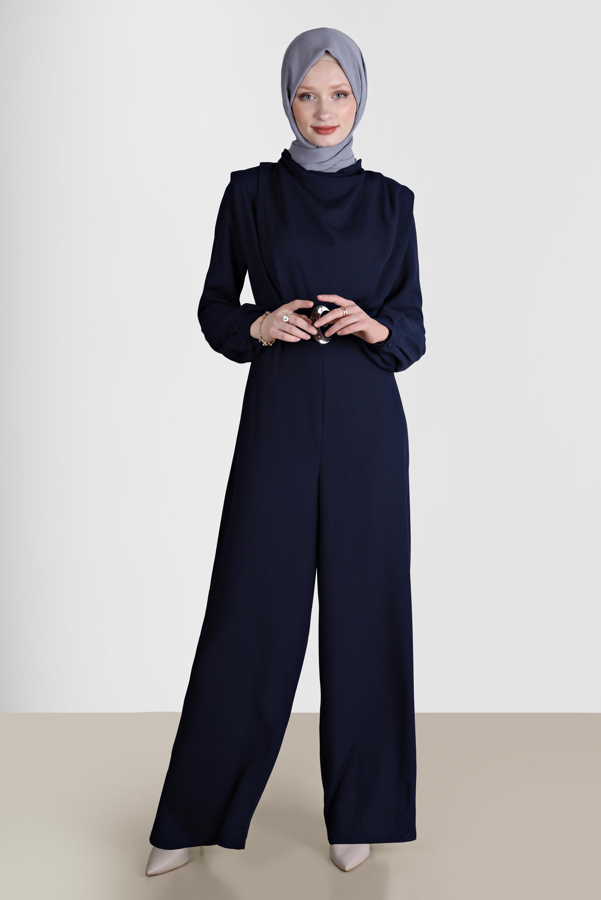Tesettür giyim LACİVERT DEGAJE YAKA KEMERLİ TULUM 42552