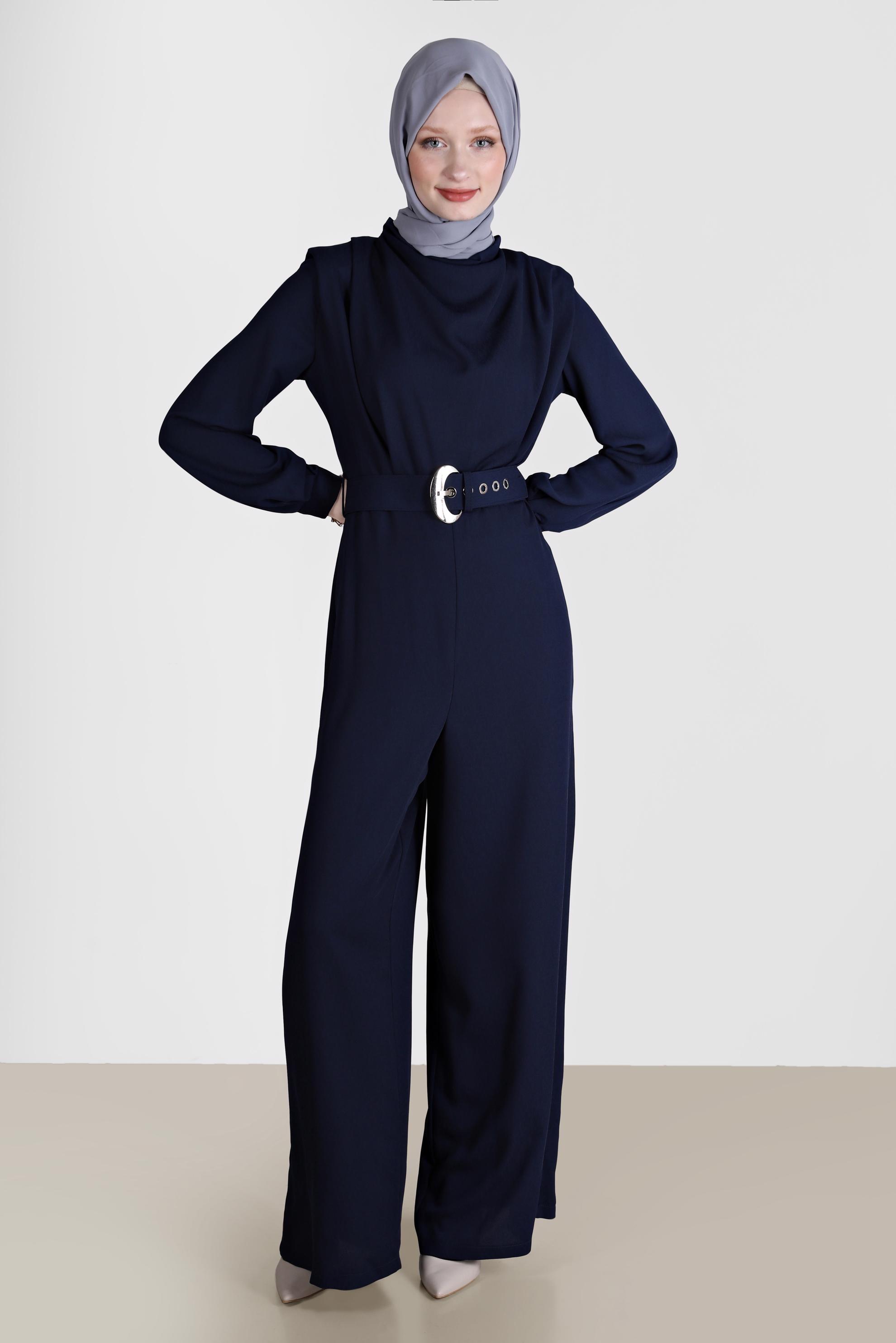 Tesettür giyim LACİVERT DEGAJE YAKA KEMERLİ TULUM 42552