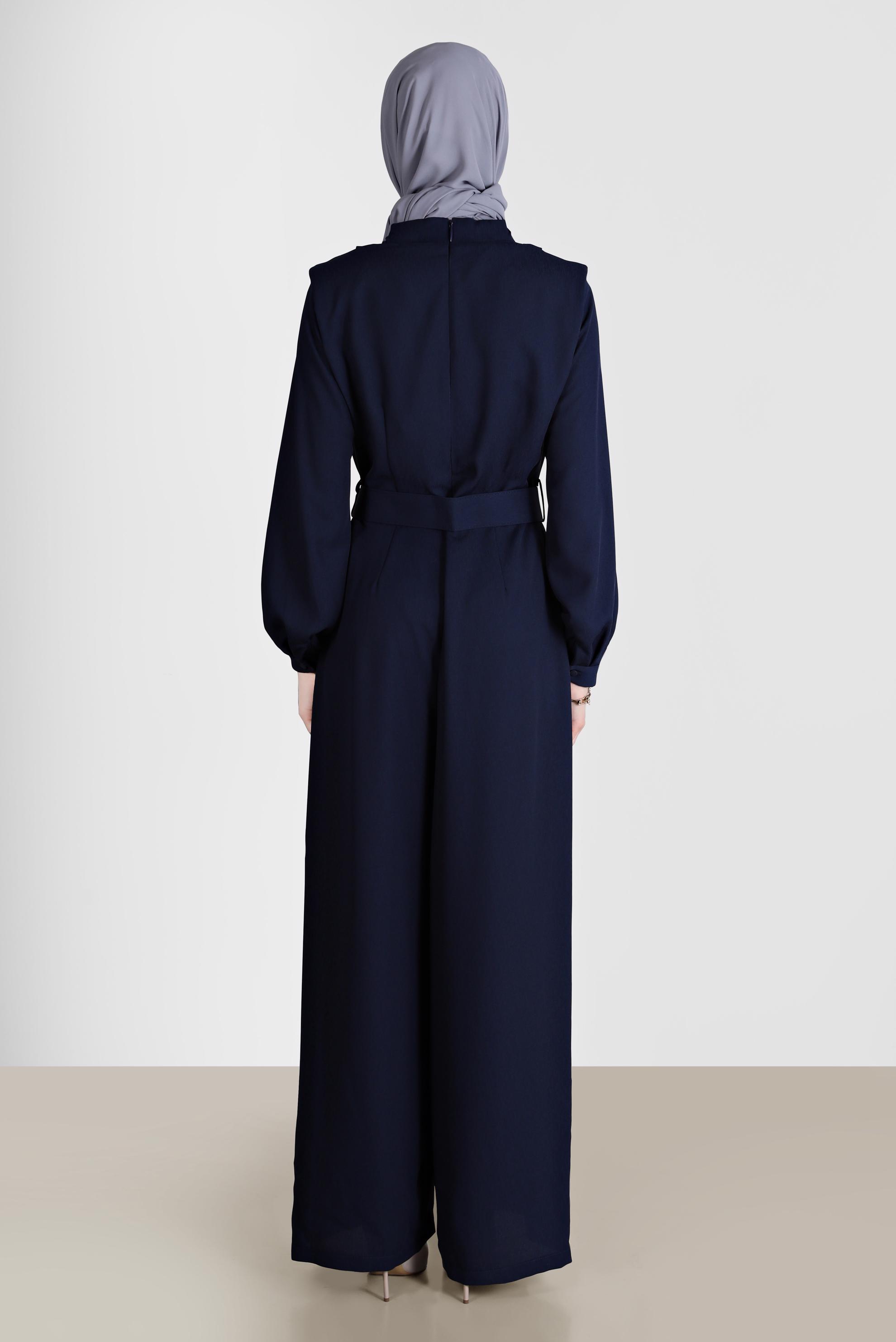 Tesettür giyim LACİVERT DEGAJE YAKA KEMERLİ TULUM 42552