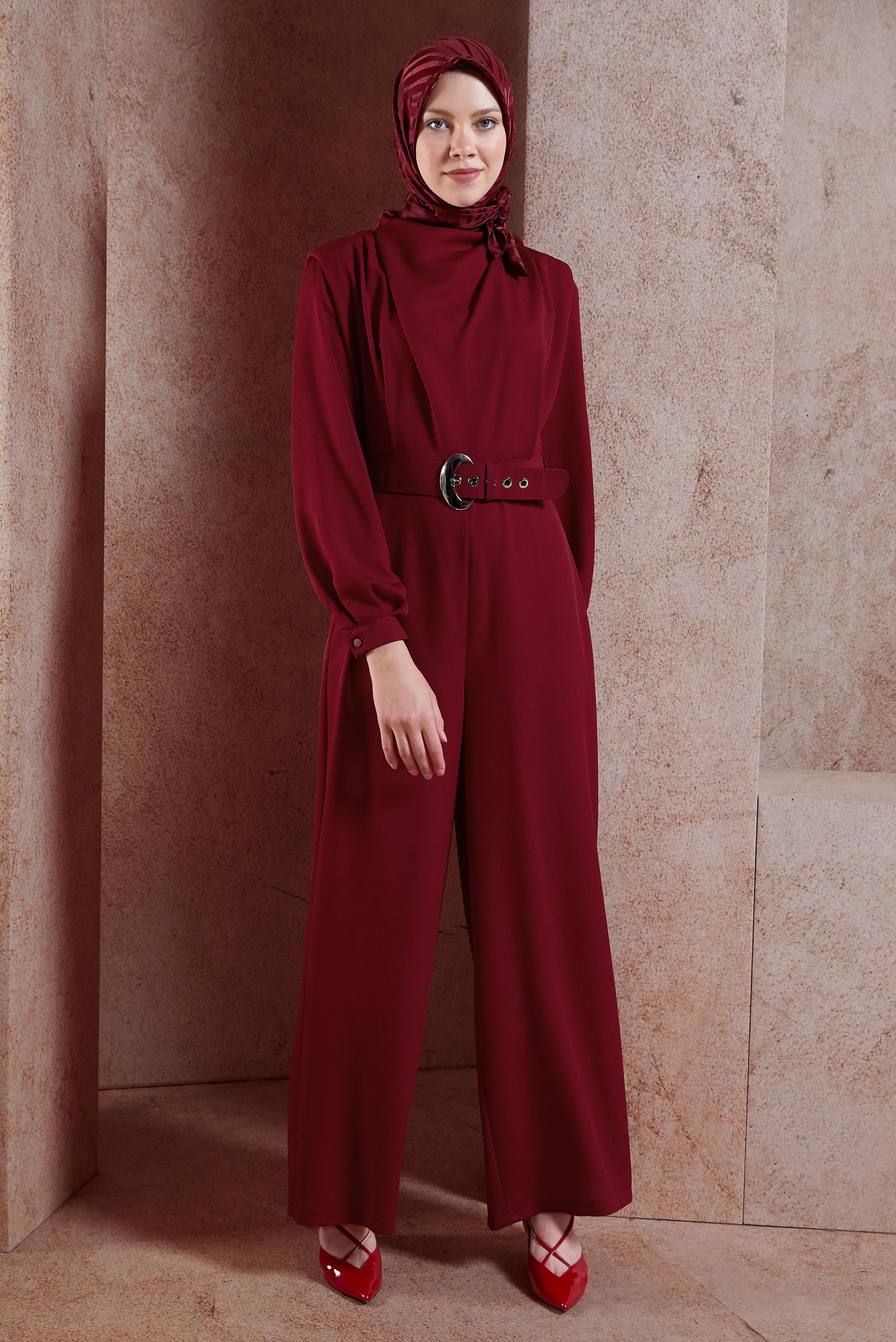 Hijab clothing CLARET RED COWL NECK BELTED OVERALLS 42552