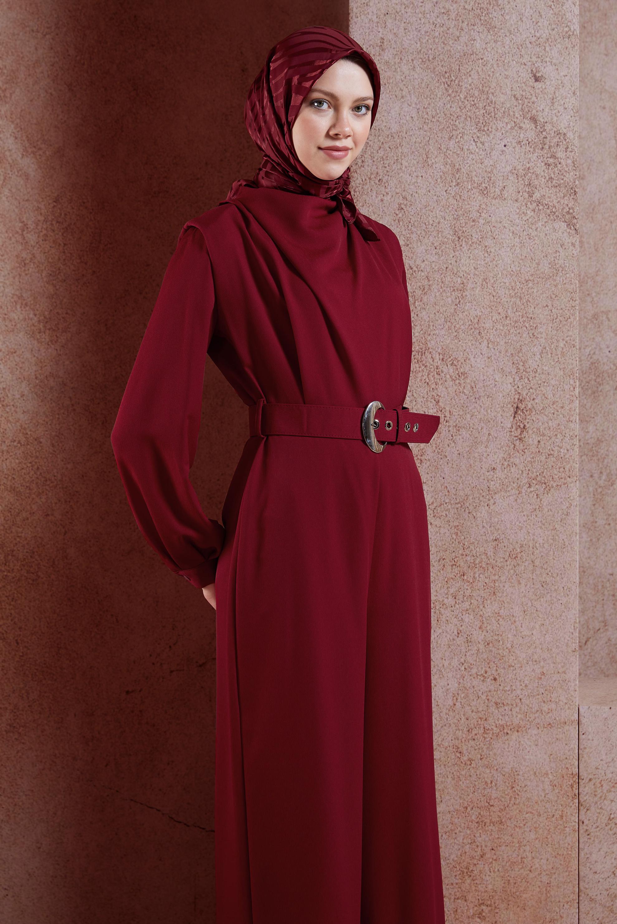 Hijab clothing CLARET RED COWL NECK BELTED OVERALLS 42552