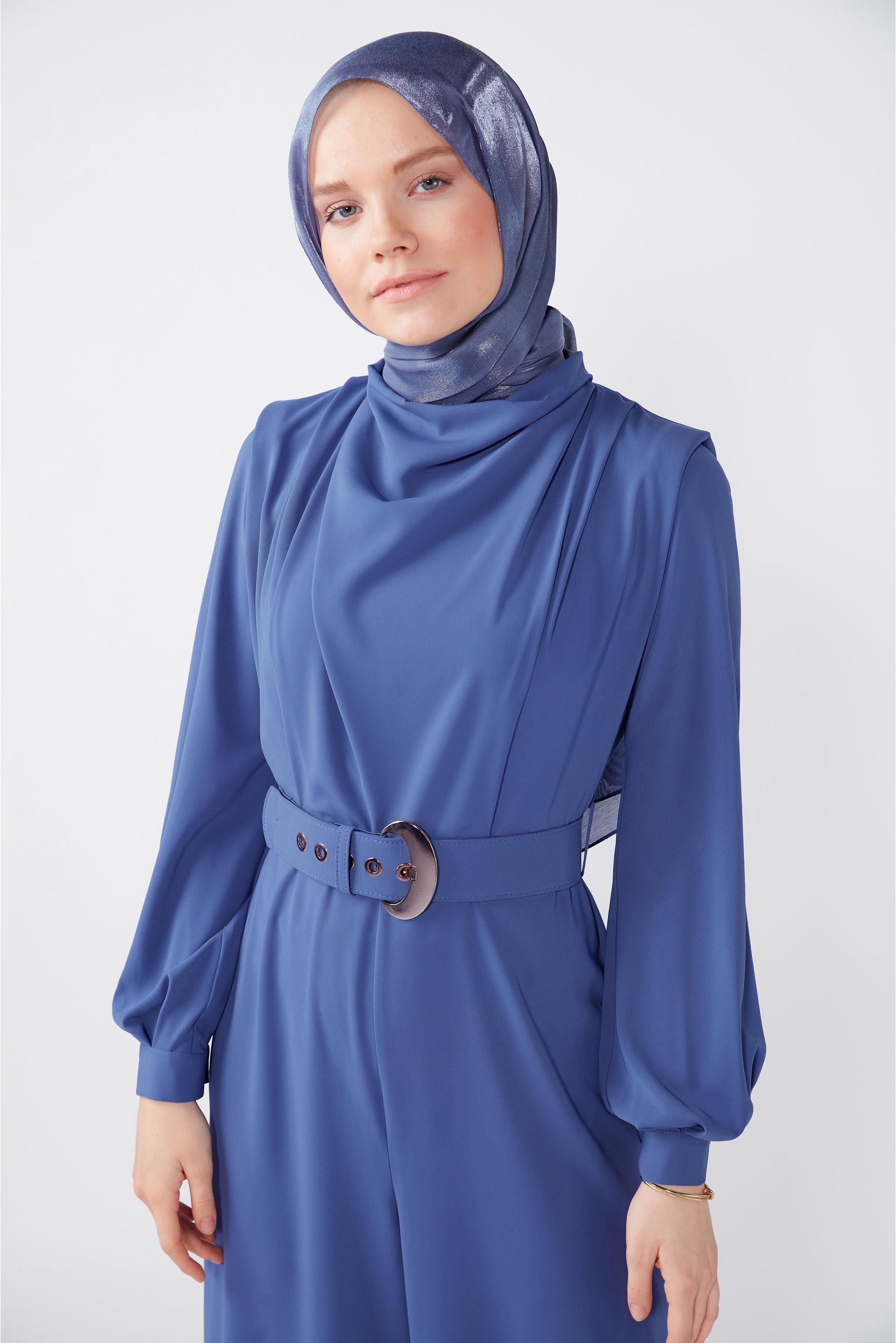 Hijab clothing NAVY BLUE COWL NECK BELTED OVERALLS 42552