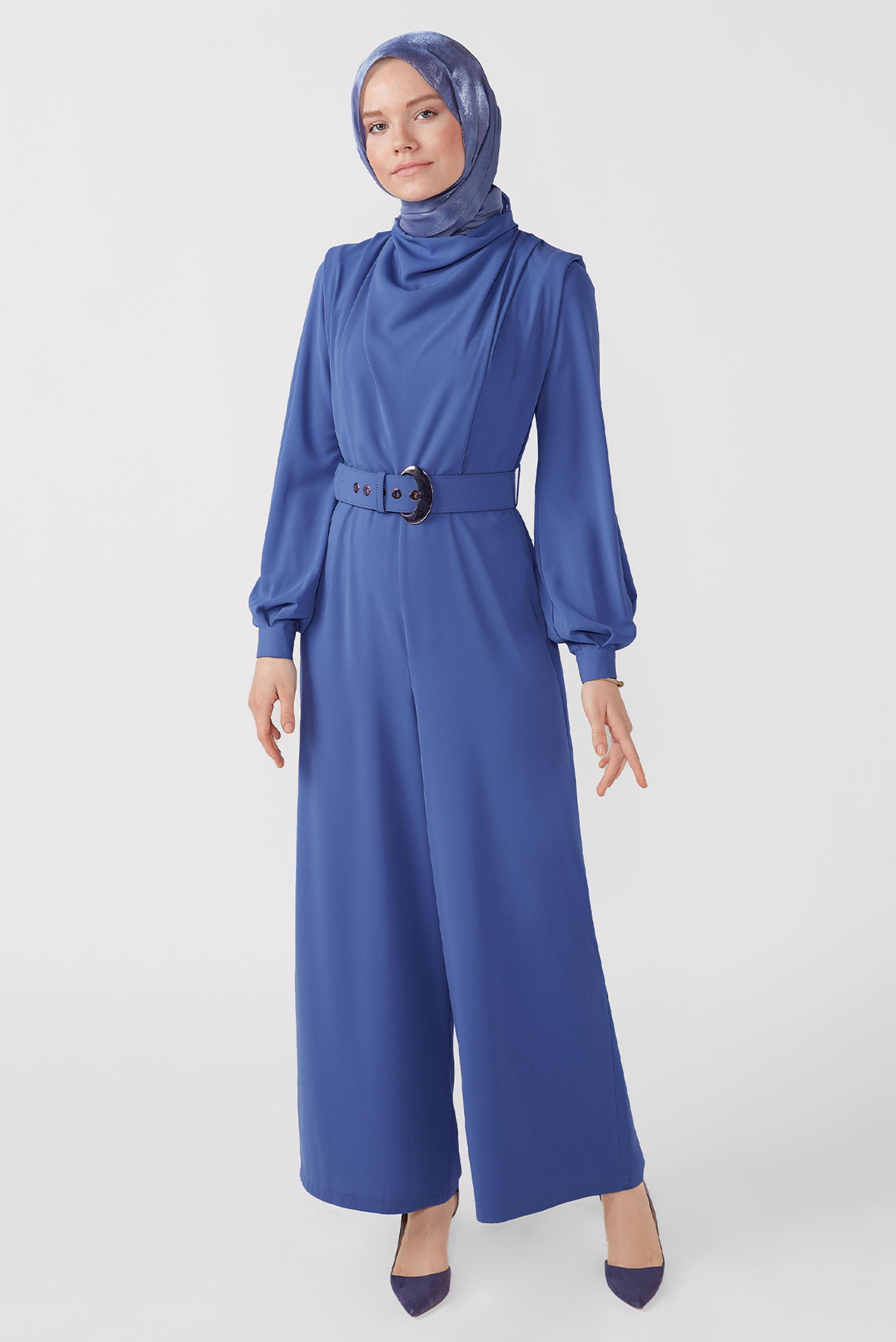 Hijab clothing NAVY BLUE COWL NECK BELTED OVERALLS 42552