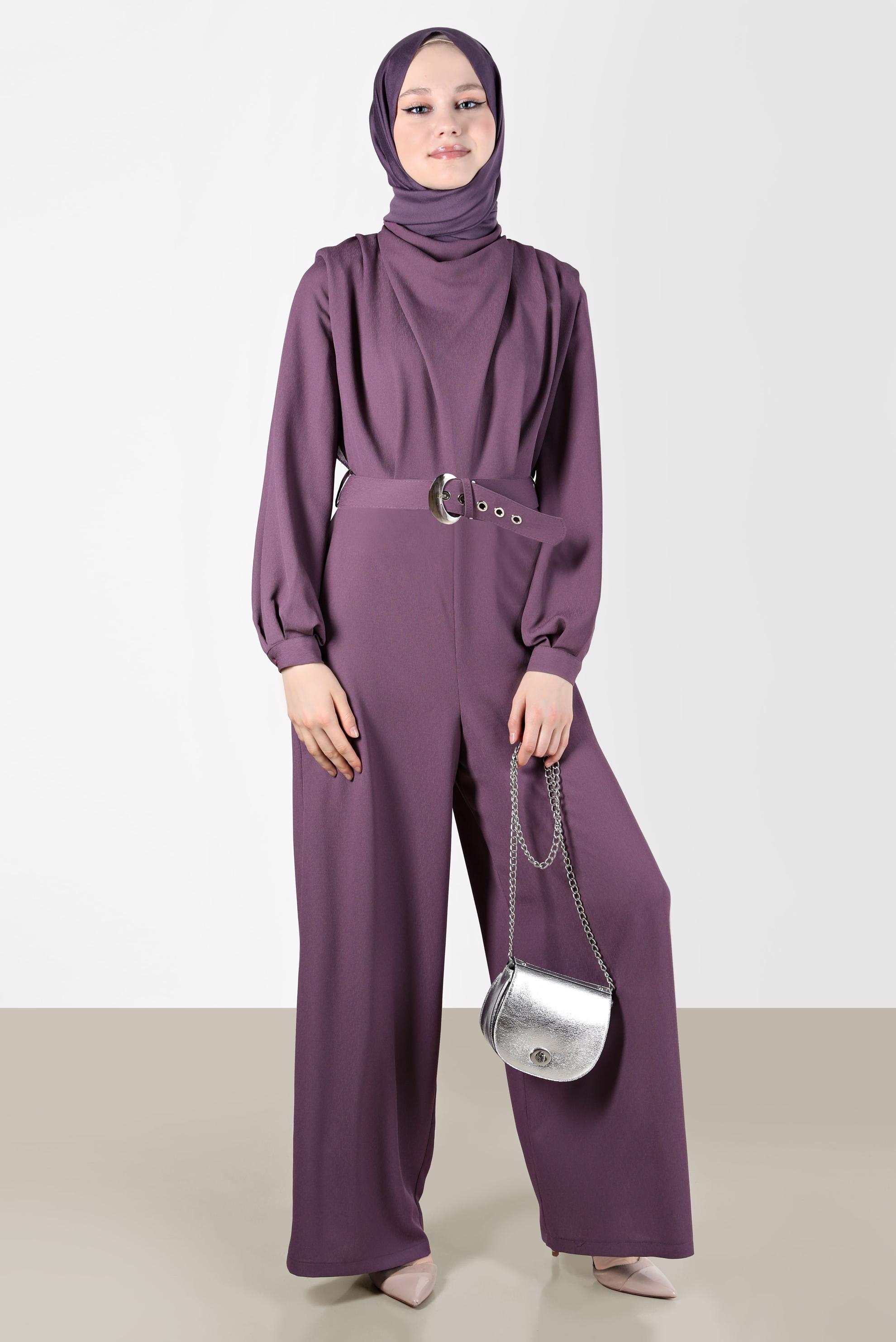Tesettür giyim MOR DEGAJE YAKA KEMERLİ TULUM 42552