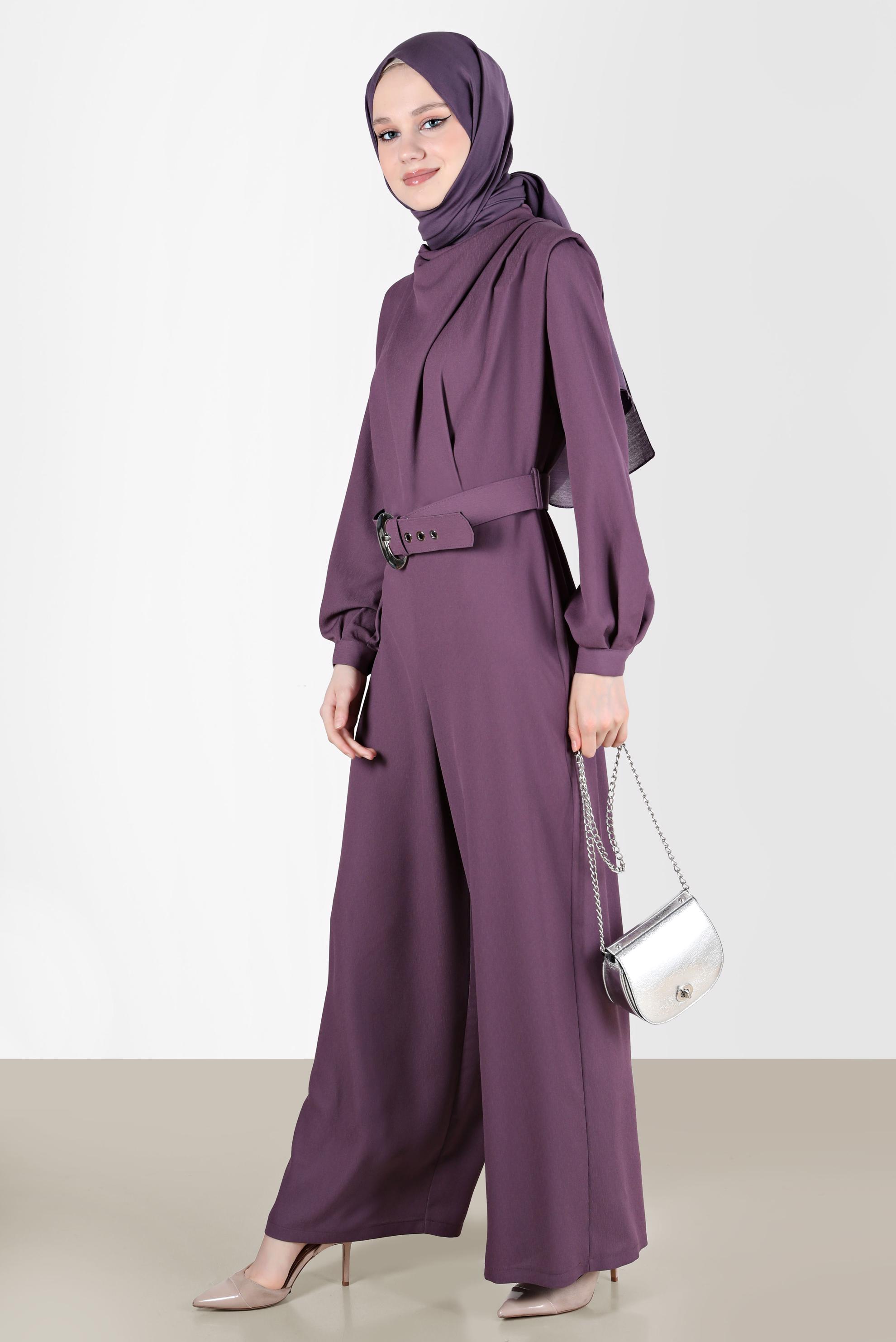 Tesettür giyim MOR DEGAJE YAKA KEMERLİ TULUM 42552