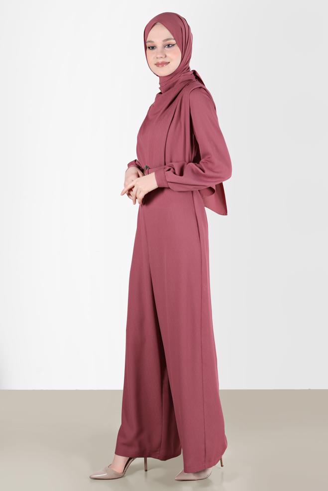 Tesettür giyim PEMBE DEGAJE YAKA KEMERLİ TULUM 42552 - ALVİNA