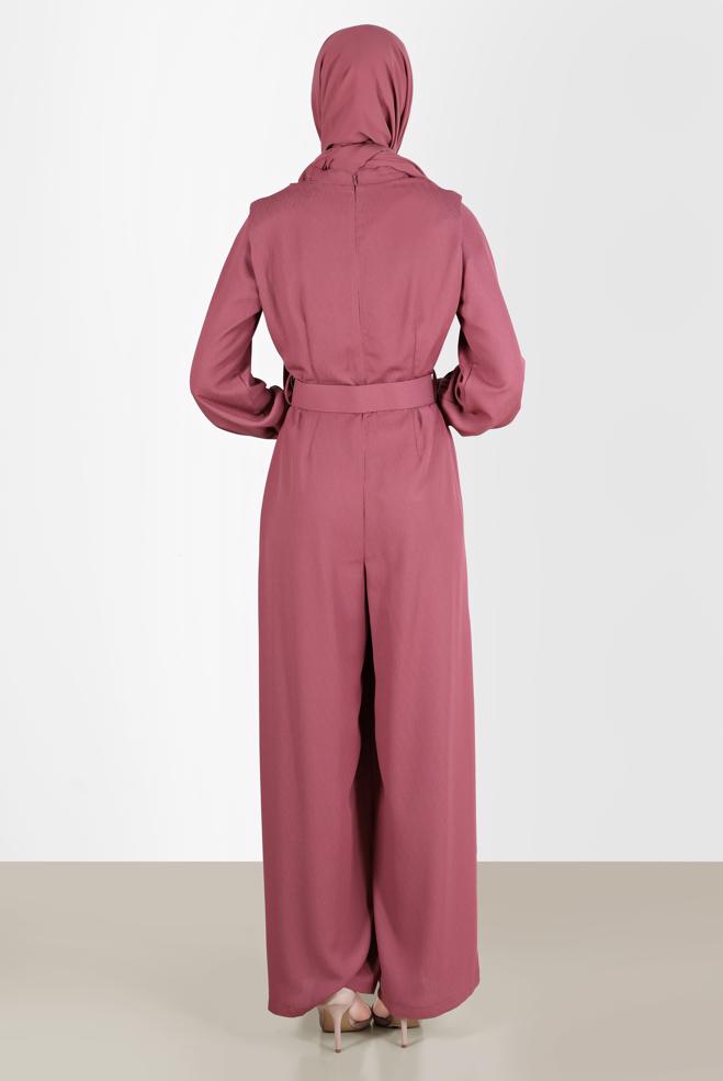 Tesettür giyim PEMBE DEGAJE YAKA KEMERLİ TULUM 42552 - ALVİNA