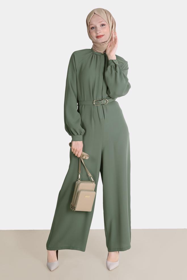 Vêtements hijab KAKI SALOPETTE EN CRÊPE AVEC CEINTURE 42695 - ALVİNA