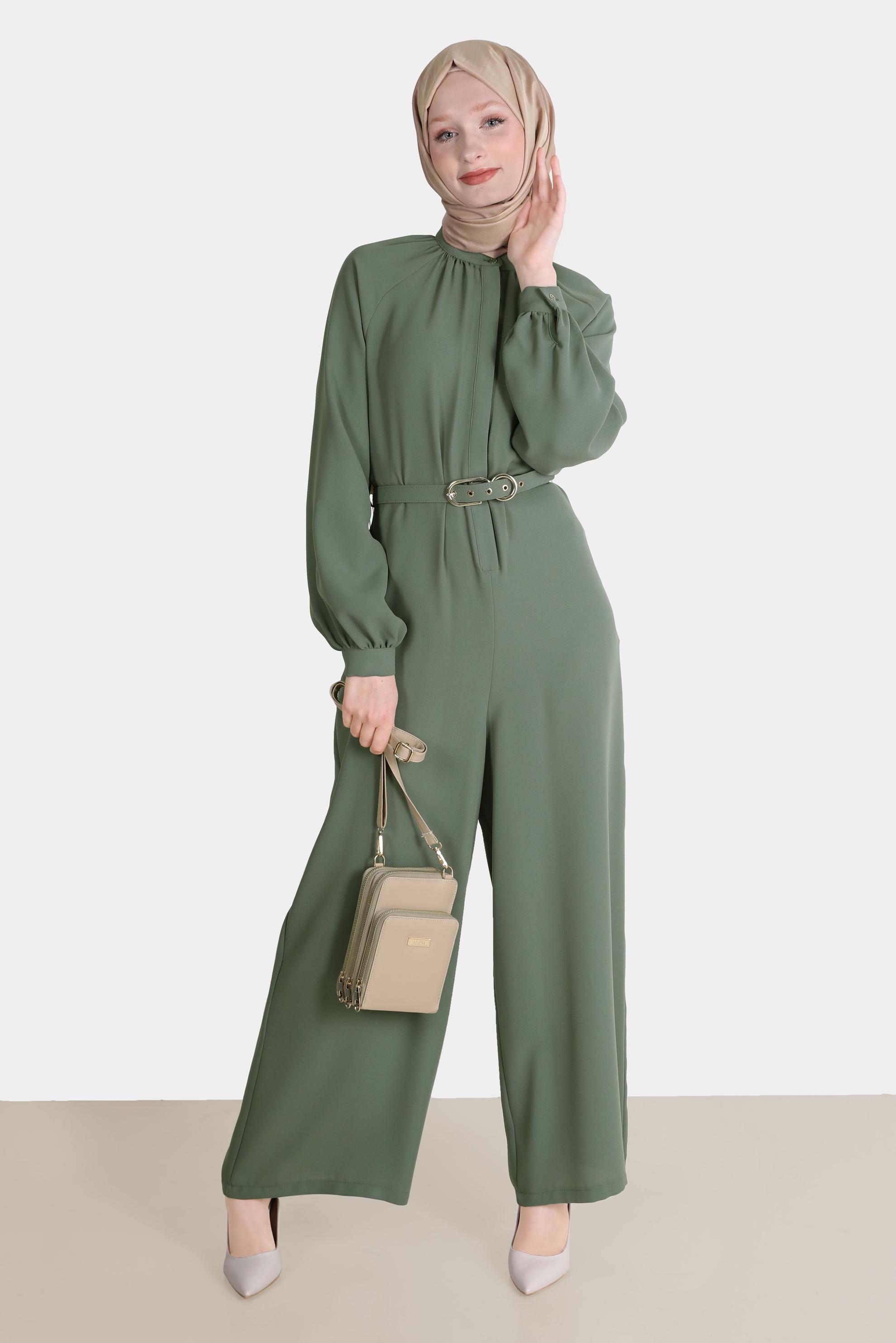 Vêtements hijab KAKI SALOPETTE EN CRÊPE AVEC CEINTURE 42695