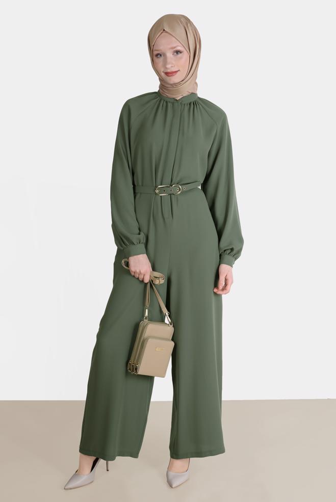 Vêtements hijab KAKI SALOPETTE EN CRÊPE AVEC CEINTURE 42695 - ALVİNA