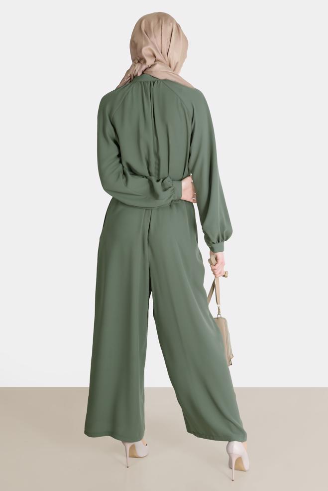 Vêtements hijab KAKI SALOPETTE EN CRÊPE AVEC CEINTURE 42695 - ALVİNA