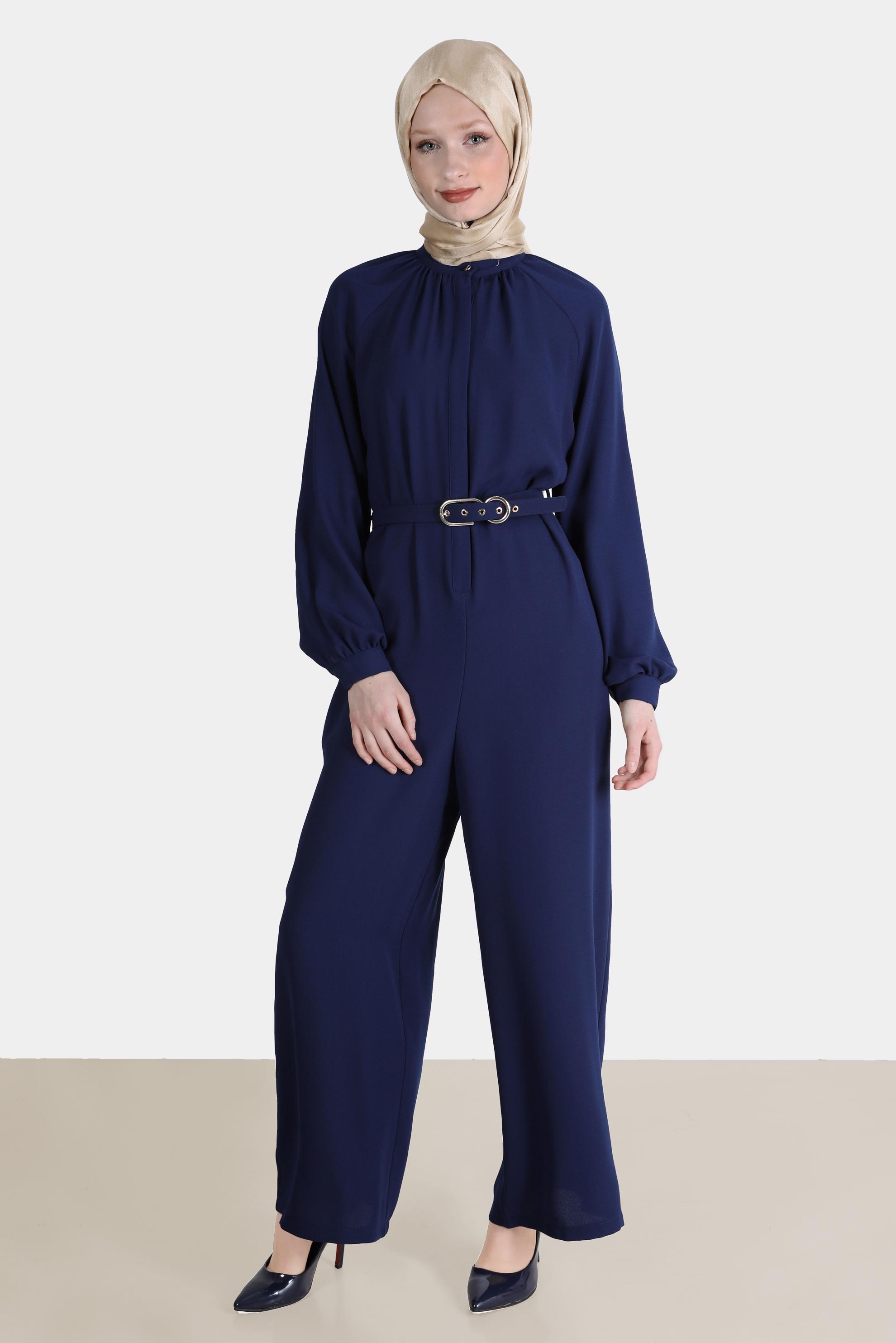 Vêtements hijab BLEU MARINE SALOPETTE EN CRÊPE AVEC CEINTURE 42695