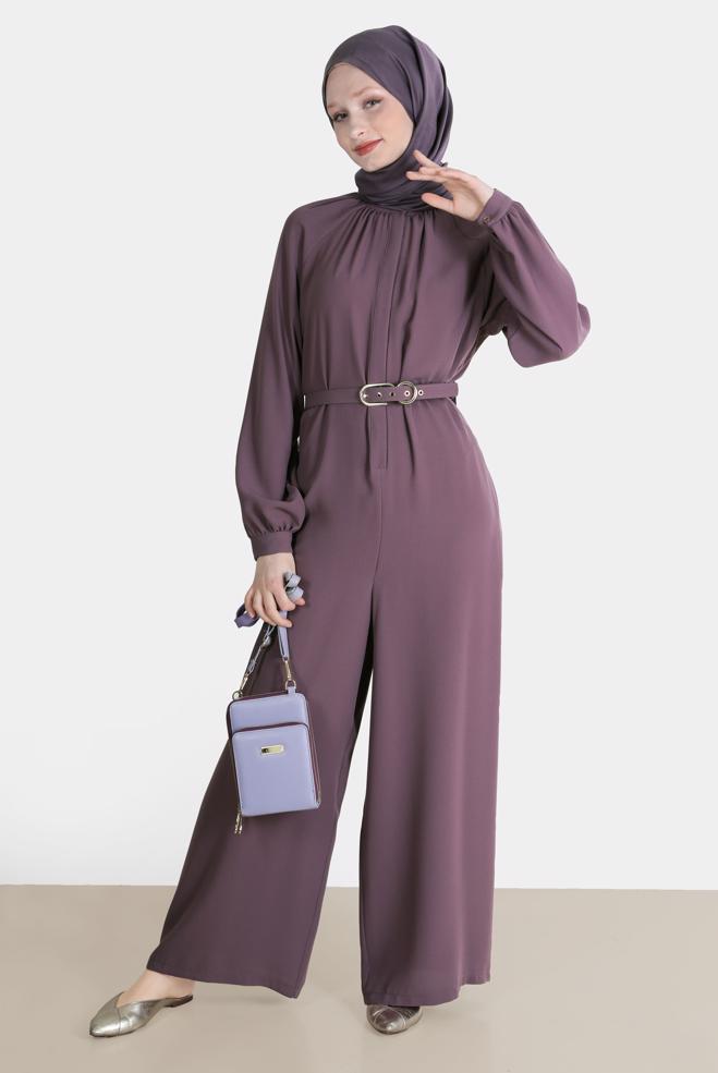 Tesettür giyim MOR KEMERLİ KREP TULUM 42695  - ALVİNA