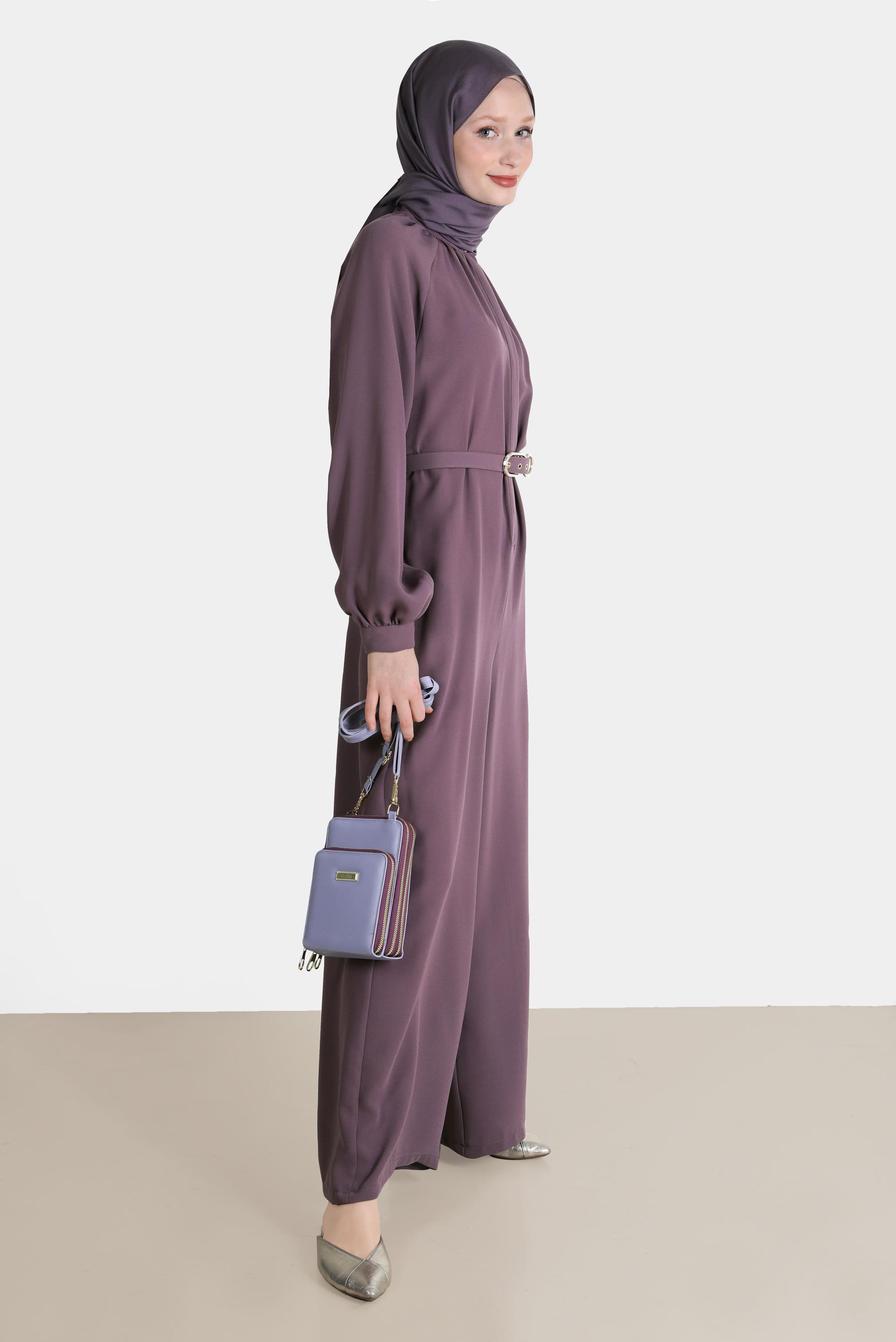 Tesettür giyim MOR KEMERLİ KREP TULUM 42695 