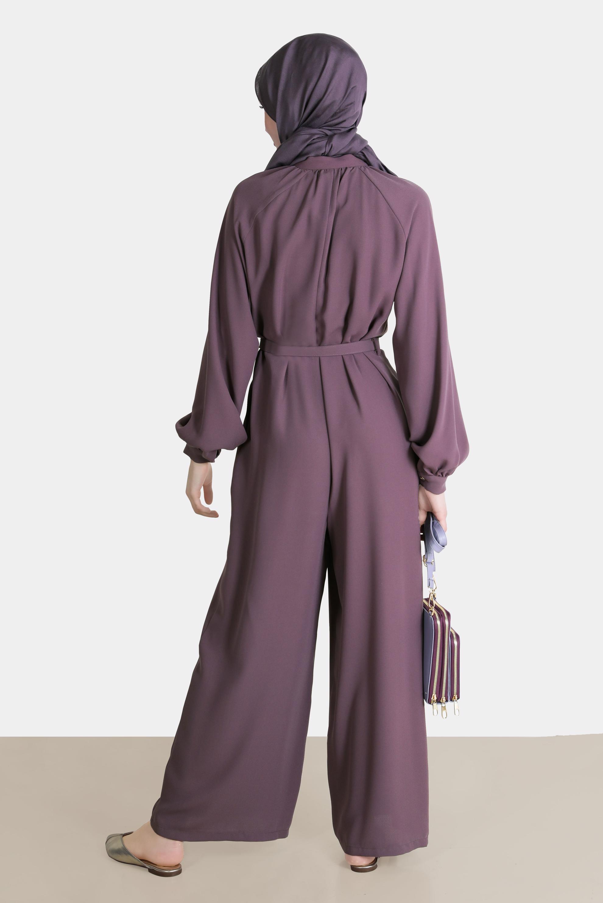Tesettür giyim MOR KEMERLİ KREP TULUM 42695 