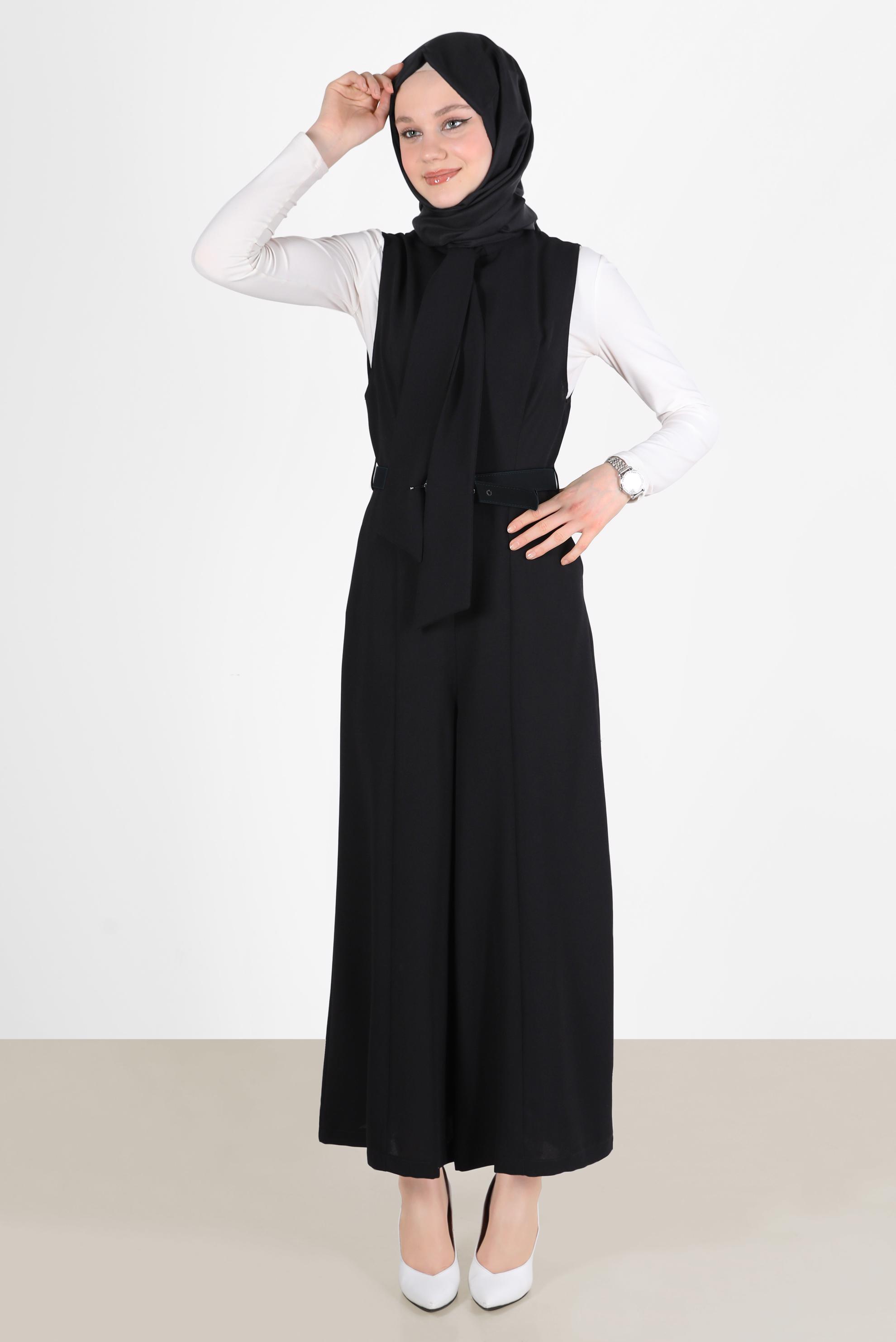 Tesettür giyim SİYAH BAĞLAMA DETAYLI KEMERLİ TULUM 42696 