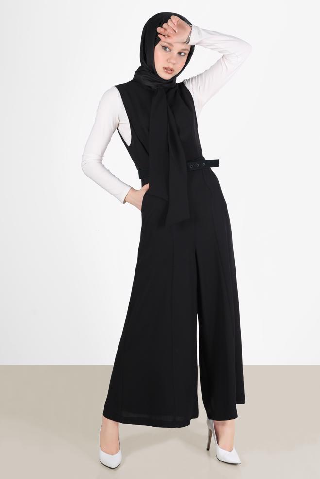 Vêtements hijab NOIR SALOPETTE AVEC CEINTURE À NOUER 42696 - ALVİNA