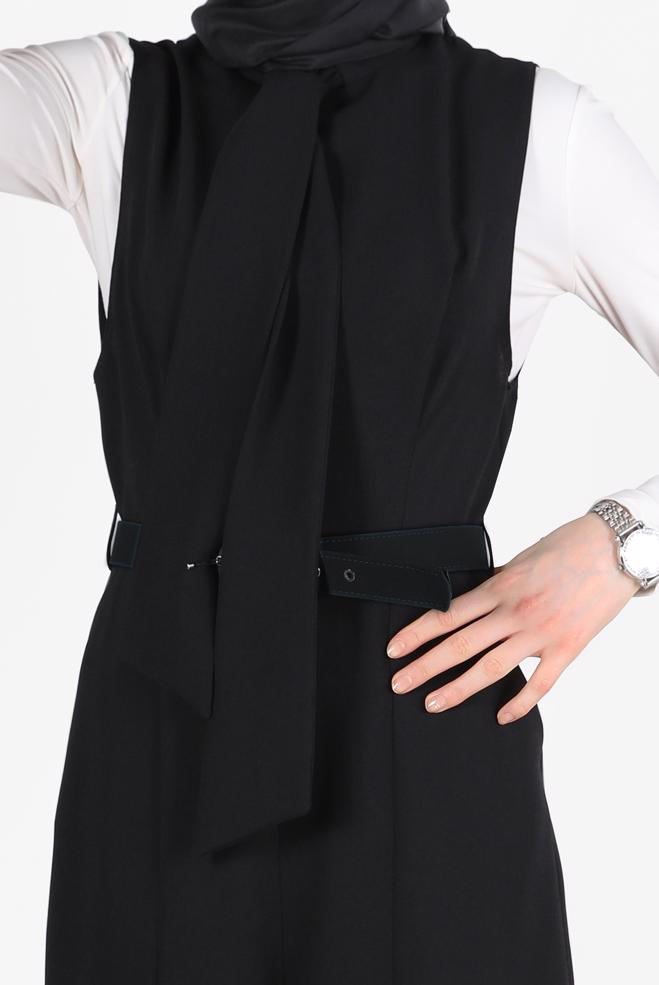 Vêtements hijab NOIR SALOPETTE AVEC CEINTURE À NOUER 42696 - ALVİNA