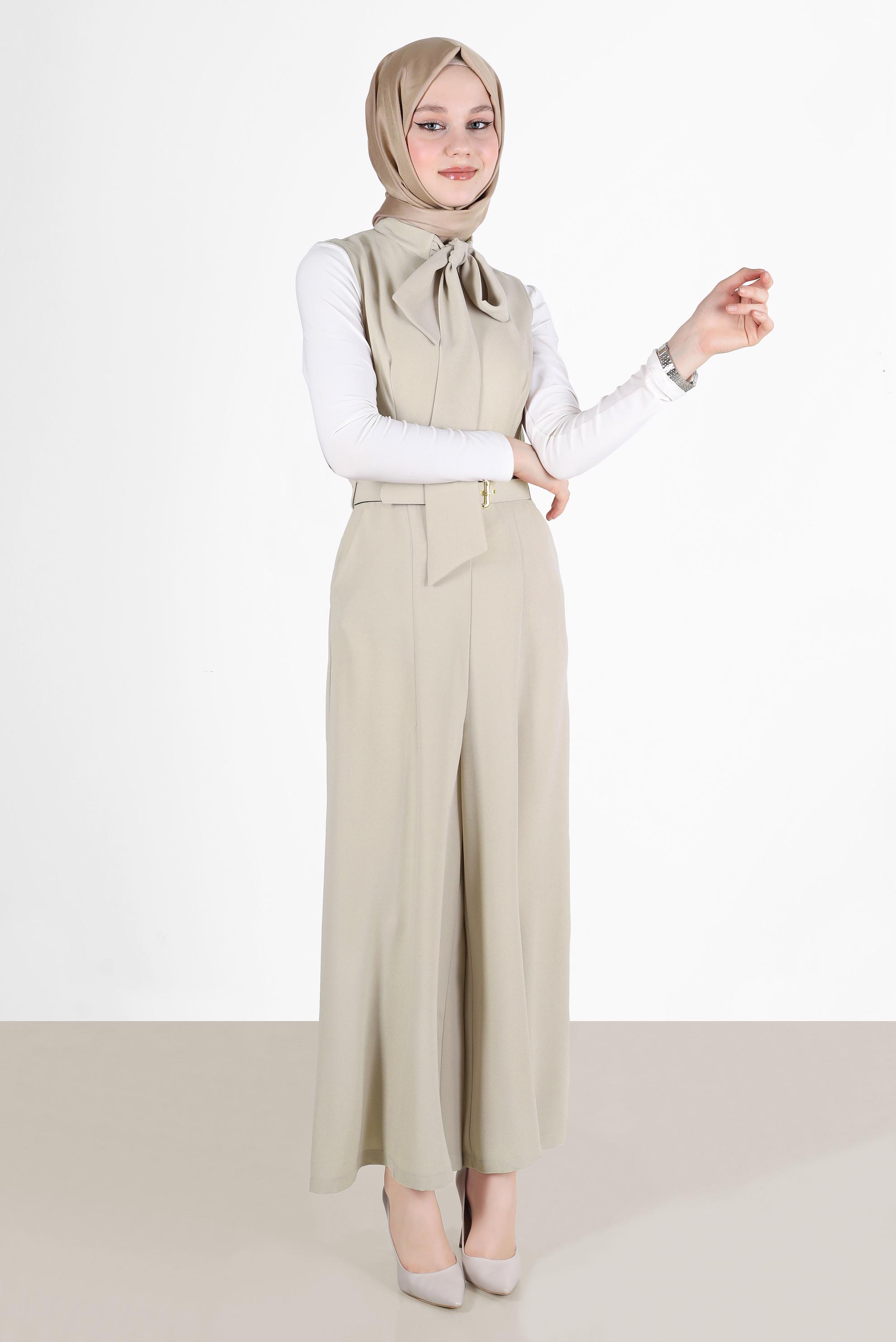 Hijab clothing BEIGE TIE DETAIL BELTED OVERALLS 42696