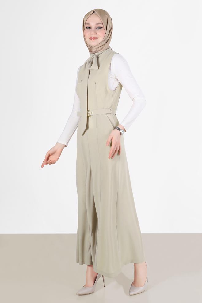 Tesettür giyim BEJ BAĞLAMA DETAYLI KEMERLİ TULUM 42696  - ALVİNA