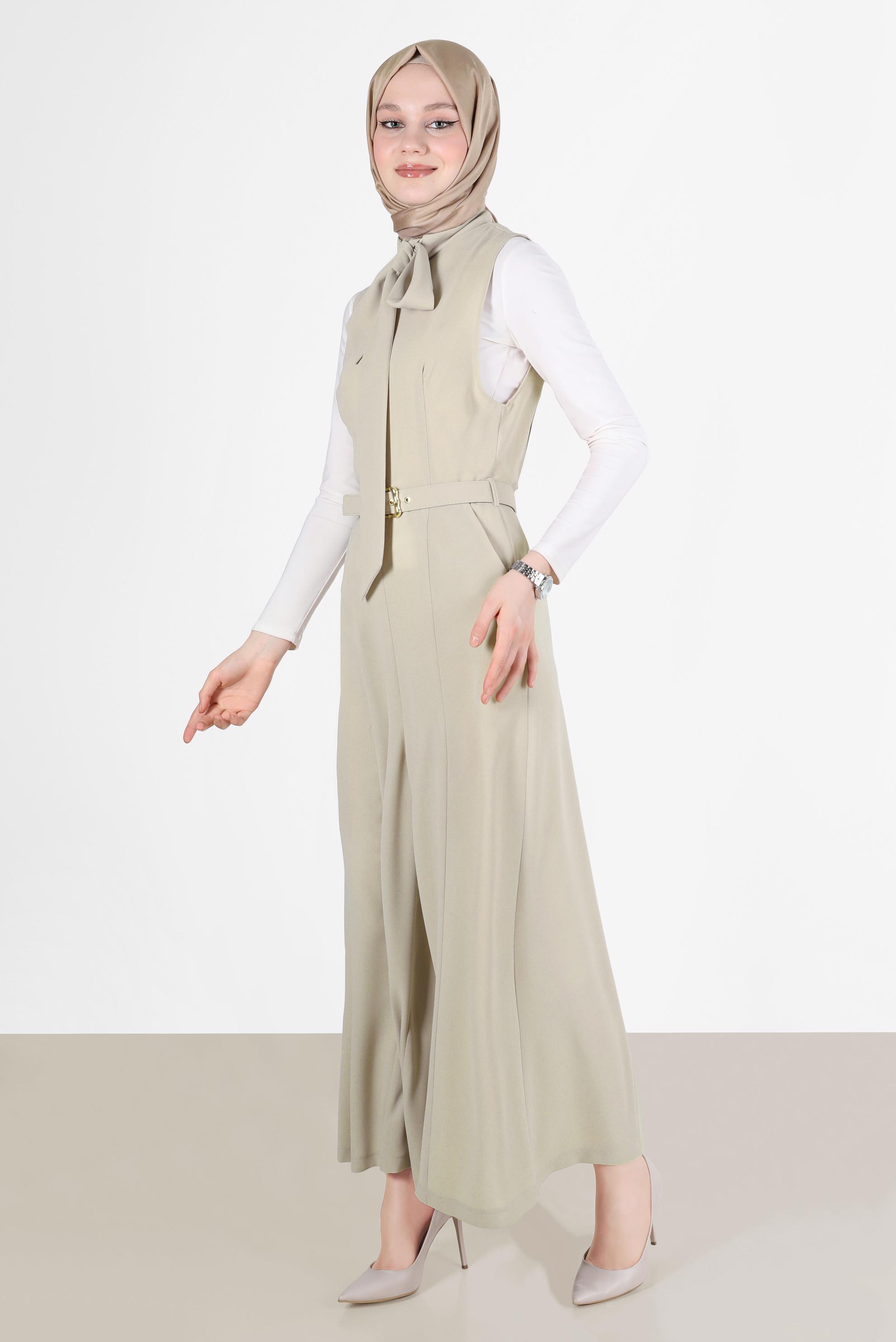Hijab clothing BEIGE TIE DETAIL BELTED OVERALLS 42696